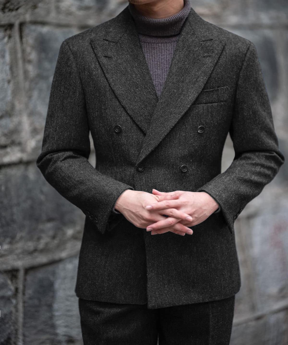 SOLOVEDRESS Men's 2-Piece Wool Suit Set - Classic Herringbone Double Breasted Blazer & Pants for Wedding, Groomsmen, Business & Formal Events