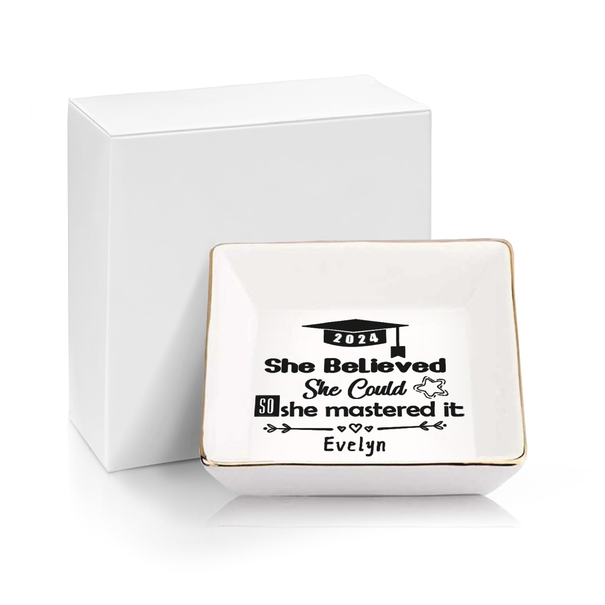Personalized Graduation Gifts for Women - Class of 2024 Custom Ceramic Ring Dish with Inspirational Quote - High School & College Graduation Gift for Girls - Jewelry Tray & Decorative Trinket Plate - Perfect for Dorm Room, Bedside Table or Wedding Gift