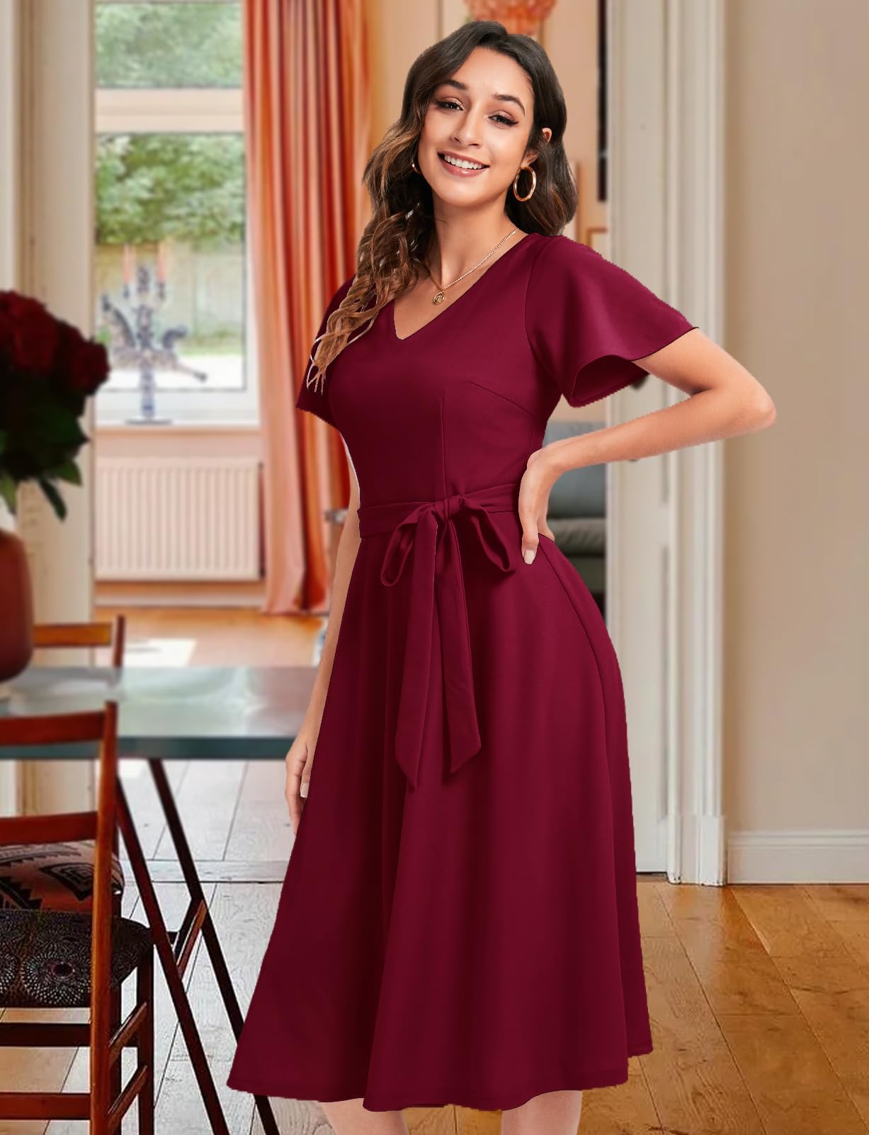Elegant Women's Cocktail Dresses for Wedding Guest | Fit and Flare Formal Dress with Sleeves | Perfect for Homecoming, Church Events & Special Occasions