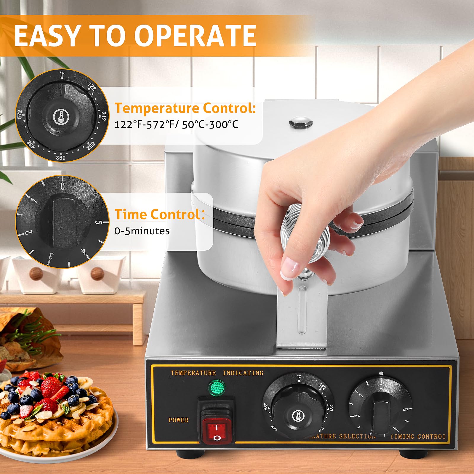 WICHEMI Commercial Round Waffle Maker - 1200W Electric Stainless Steel Waffle Iron with Non-Stick Surface for Bakery, Restaurant, Snack Bar or Home Use (110V, Single Head) - Perfect for Breakfast, Brunch, and Dessert Preparation