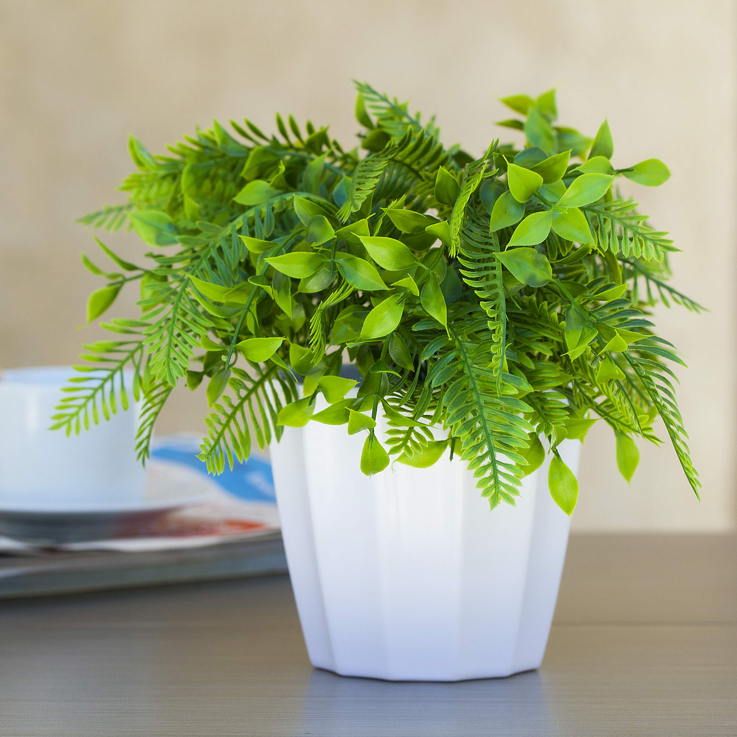 ENOVA HOME 12 Inch Tall Artificial Faux Plants in White Decorative Pot - Realistic Greenery for Home, Office, Living Room, Bedroom & Bathroom Decor (6225) | Perfect for Shelves, Desks, Tables & Window Sills