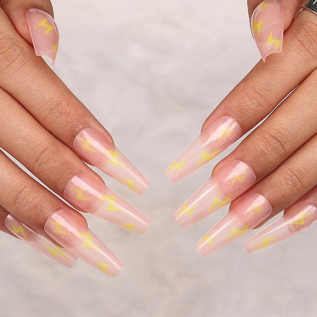 Extra Long Coffin Press on Nails - 24pcs Glossy Acrylic Fake Nails with Elegant Designs for Women & Girls | Ballerina False Nails for Parties, Weddings, and Special Occasions (Lightning Style)