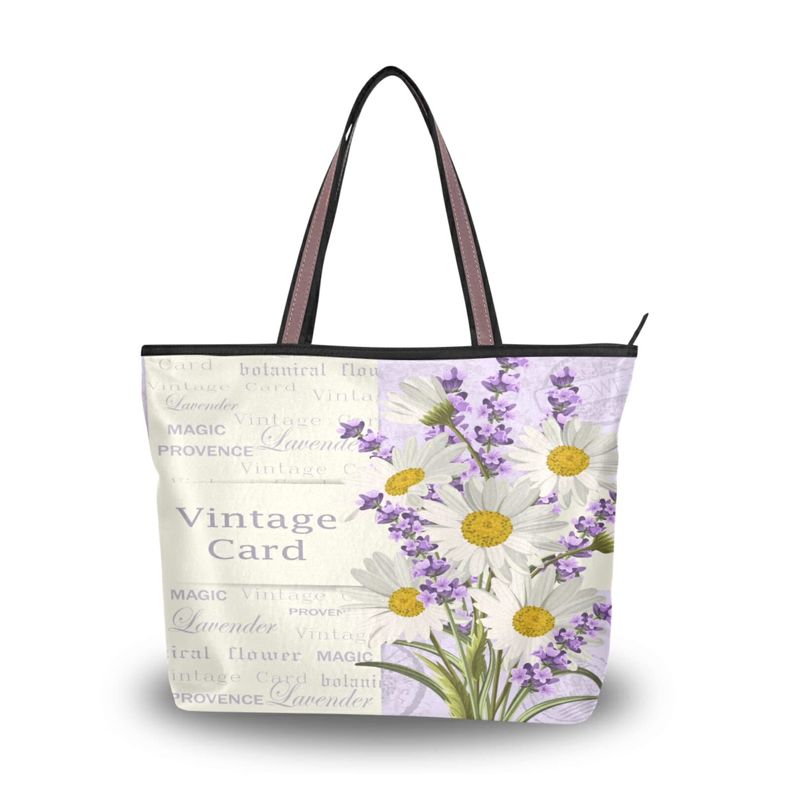 Vintage Lavender Daisy Tote Bag for Women - Reusable Zippered Shoulder Handbag, Beach Bag for Travel, Shopping & Daily Use