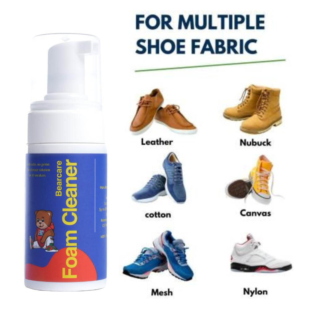 Bear Care Sneaker Foam Cleaner - Instant Shoe Stain Remover & Cleaning Solution for Sneakers, Running Shoes, Canvas Shoes | Quick & Effective Stain Removal for Fresh, Clean Footwear | Perfect for Gym, Sports & Daily Wear