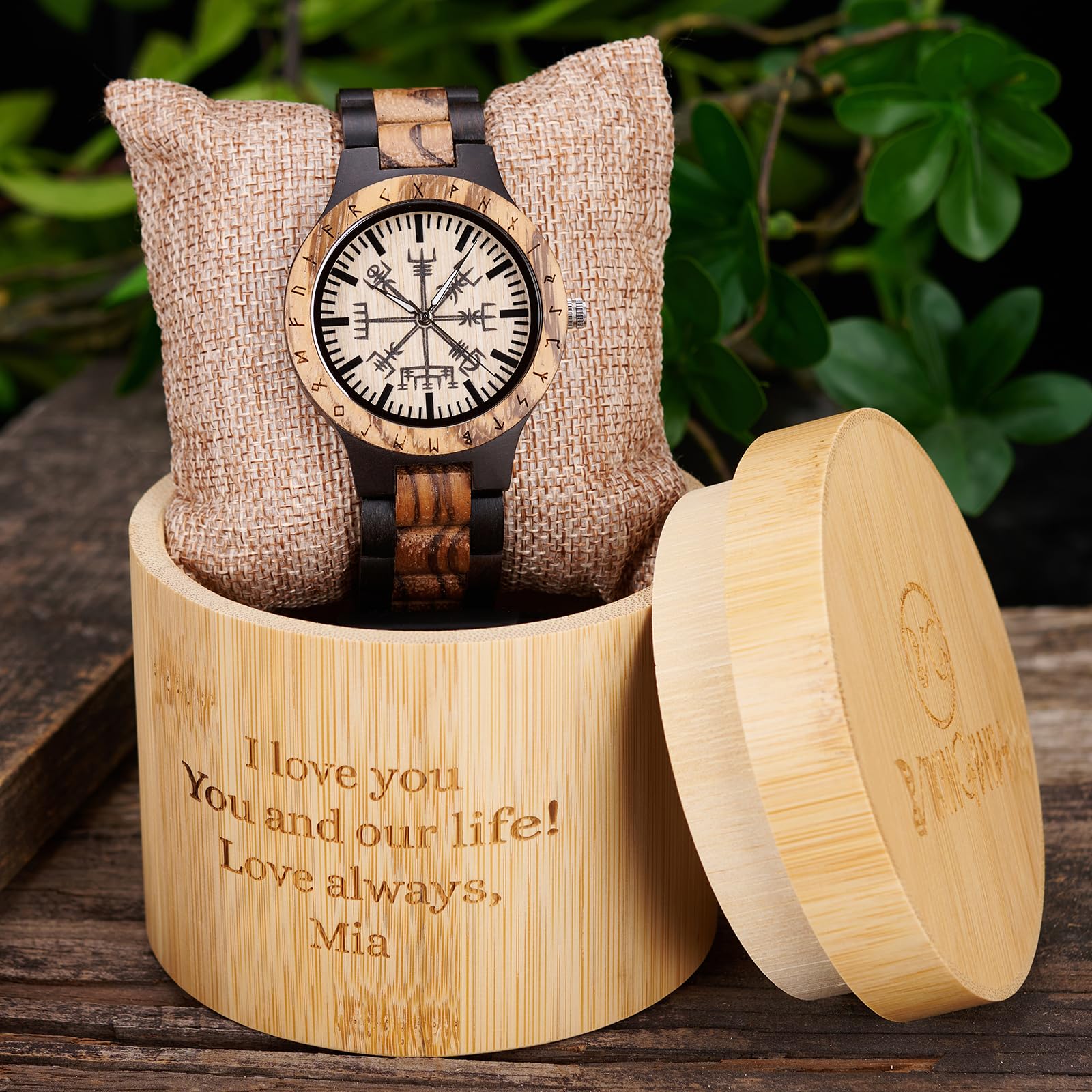 Vikingenes Handmade Wooden Watches for Men – Engraved Personalized Viking Watch, Natural Wood Wristwatch with Chronograph – Luxury Unique Gift for Him – Perfect for Outdoor Adventures, Formal Events & Anniversary Presents