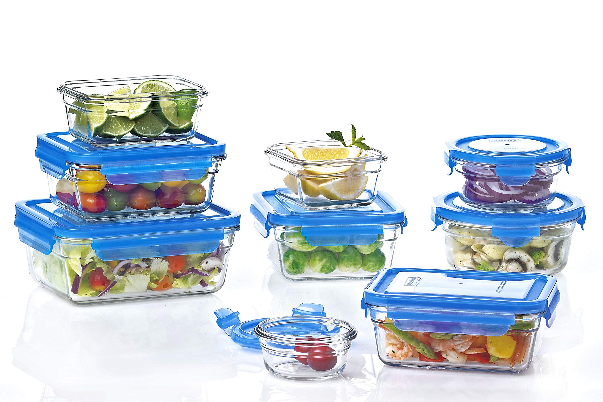 Glasslock 18-Piece Glass Food Storage Containers Set with Blue Airtight Lids - Microwave & Oven Safe, Anti-Spill, BPA-Free - Perfect for Meal Prep, Leftovers & Kitchen Organization