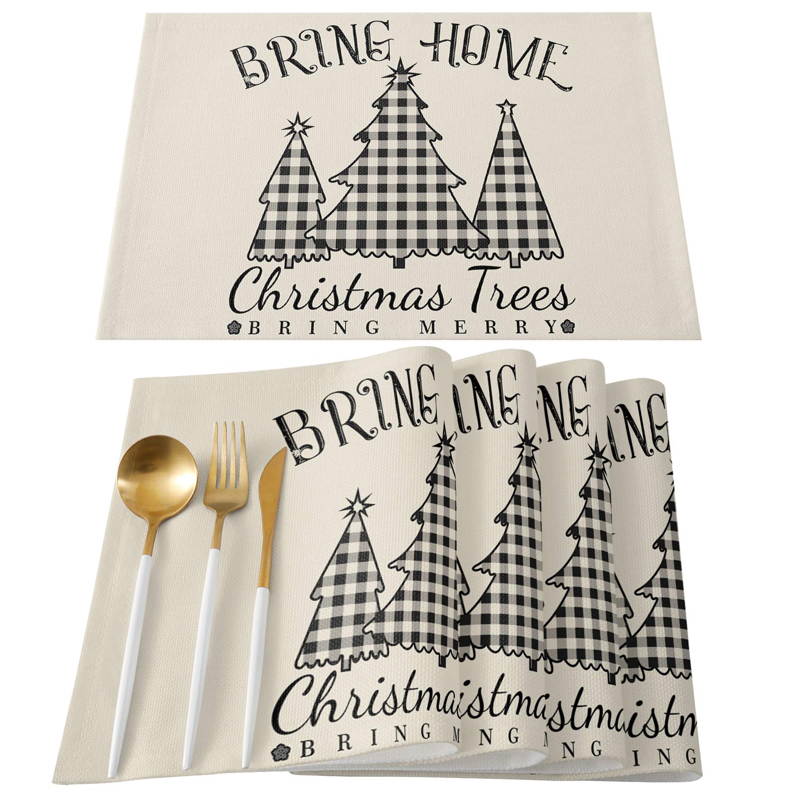 Christmas Tree Solid Color Grid Washable Placemats Set of 4 - 13
