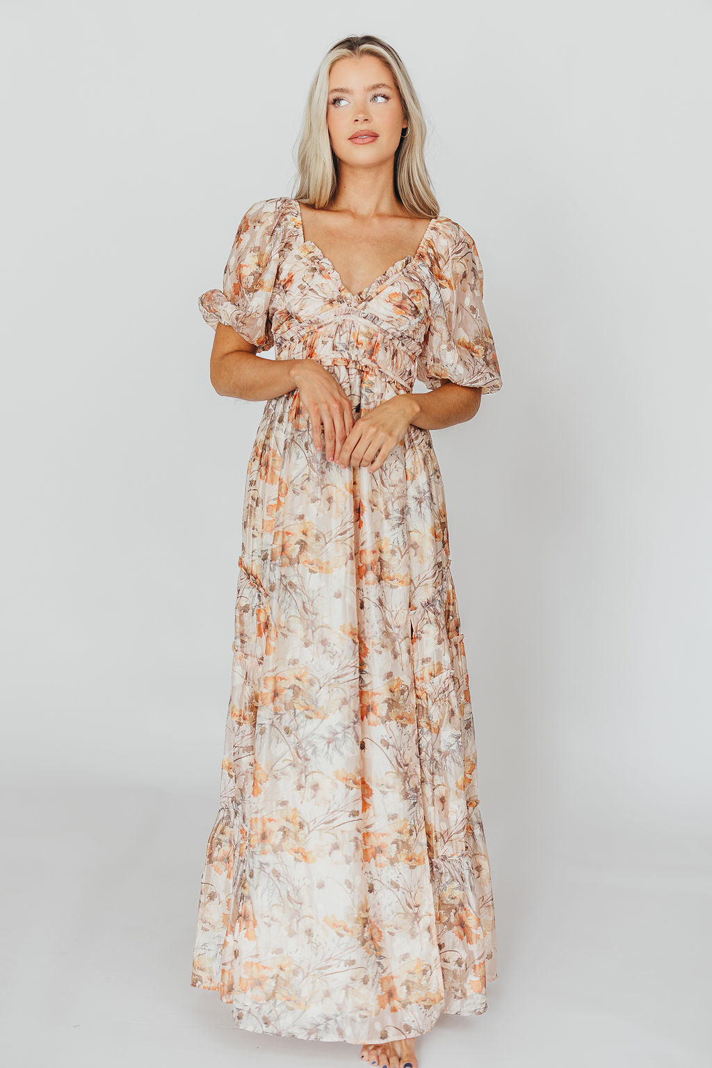 Bump Friendly Daphne Maxi Dress in Beige Multi - Inclusive Sizing S to 3XL for Maternity, Plus Size & Casual Wear