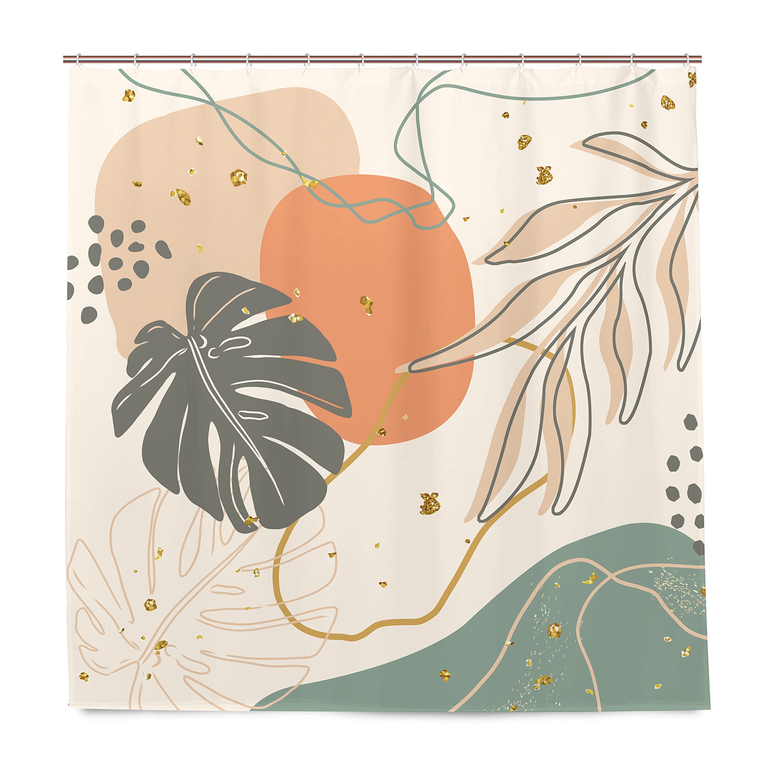Boho Mid Century Abstract Tropical Leaves Shower Curtain Set - Waterproof Bathroom Decor with 12 Hooks, 72x72 Inch - Perfect for Vintage & Retro Gold Neutral Bathroom Themes