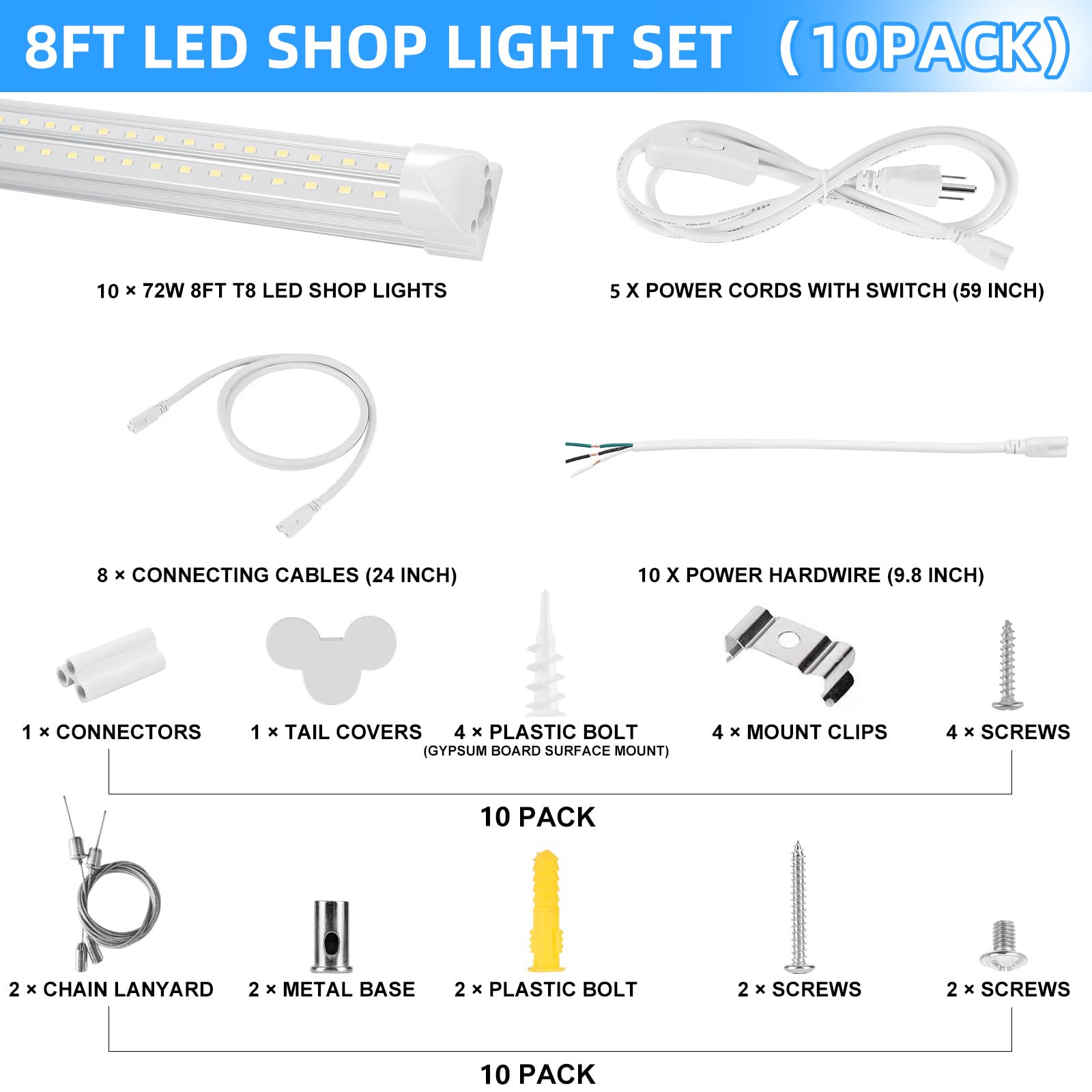 8FT LED Shop Light 10 Pack - 6000K Daylight White, 72W 11520LM Super Bright T8 LED Tube Lights, Plug & Play, Hanging/Surface Mount, Linkable for Garage, Warehouse & Workshop Lighting - Energy Efficient Commercial & Industrial Ceiling Lights