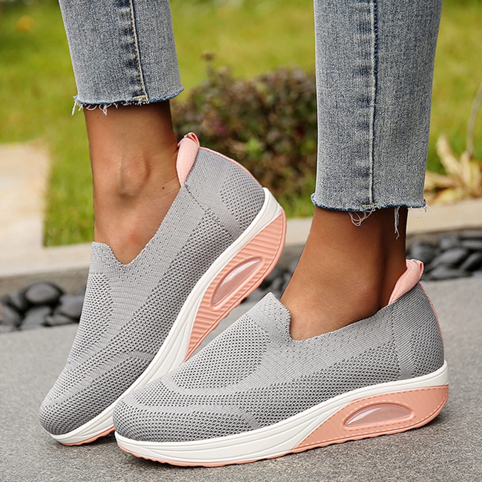Women's Slip-On Wedge Sneakers - Wide Width Walking Shoes with Mesh Air Cushion & Knitted Upper | Comfortable Platform Shoes for Nurses, Casual Running & Everyday Wear