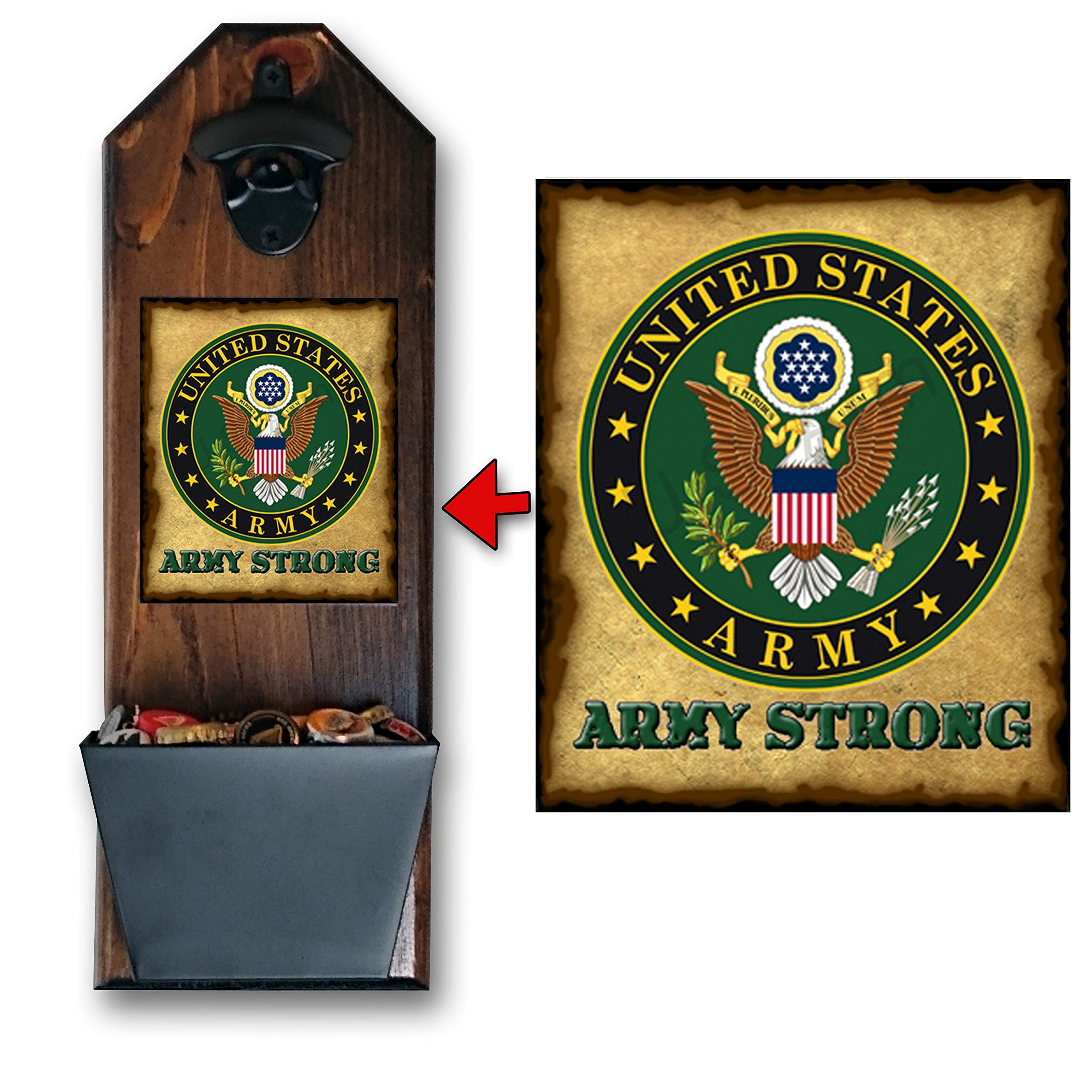 Army Strong Wall Mounted Bottle Opener & Cap Catcher - Handcrafted by Veteran - 100% Solid Pine (3/4