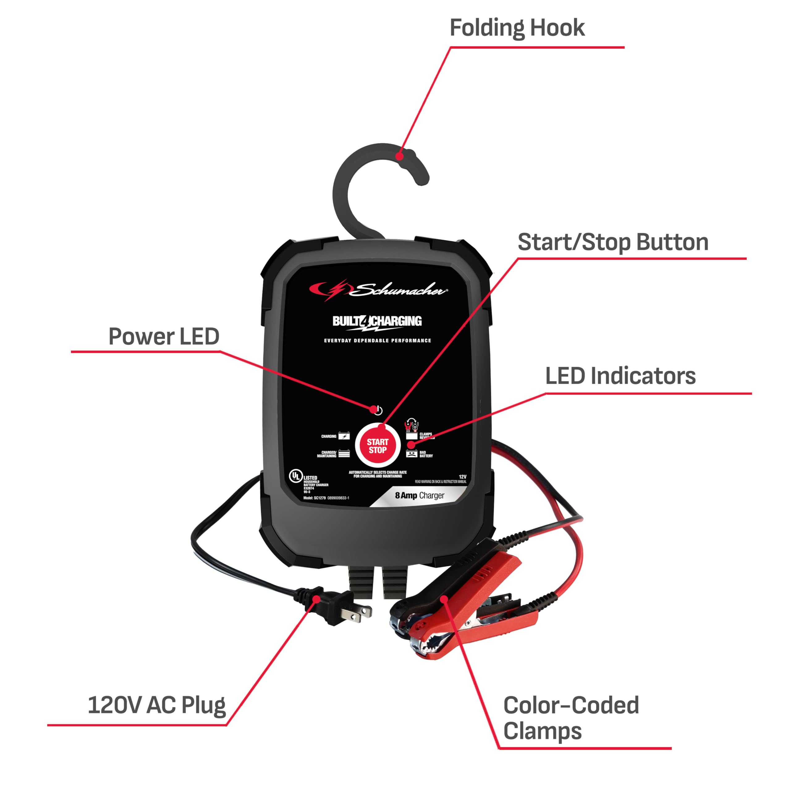 Schumacher SC1279 8A 12V Rapid Battery Charger for Cars, Trucks, SUVs - Fast Charging & Maintenance Mode - Perfect for Home Garage, Road Trips & Emergency Vehicle Jump Starts