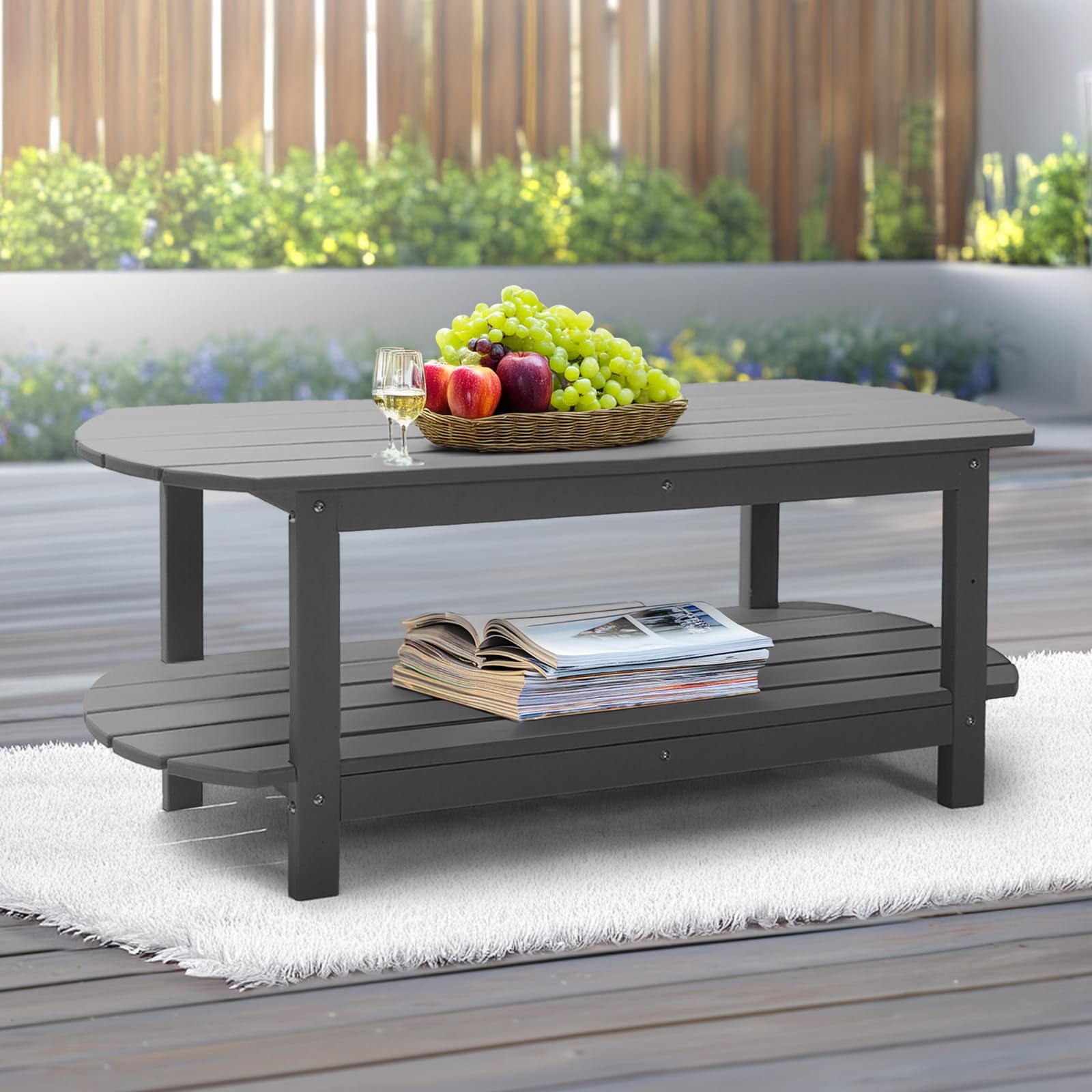 PASAMIC HDPE Outdoor Coffee Table with 2-Tier Storage - Weather-Resistant Rectangular Patio Dining Table for Poolside, Deck, Backyard - Durable Gray Garden Furniture for Outdoor Entertaining & Relaxation