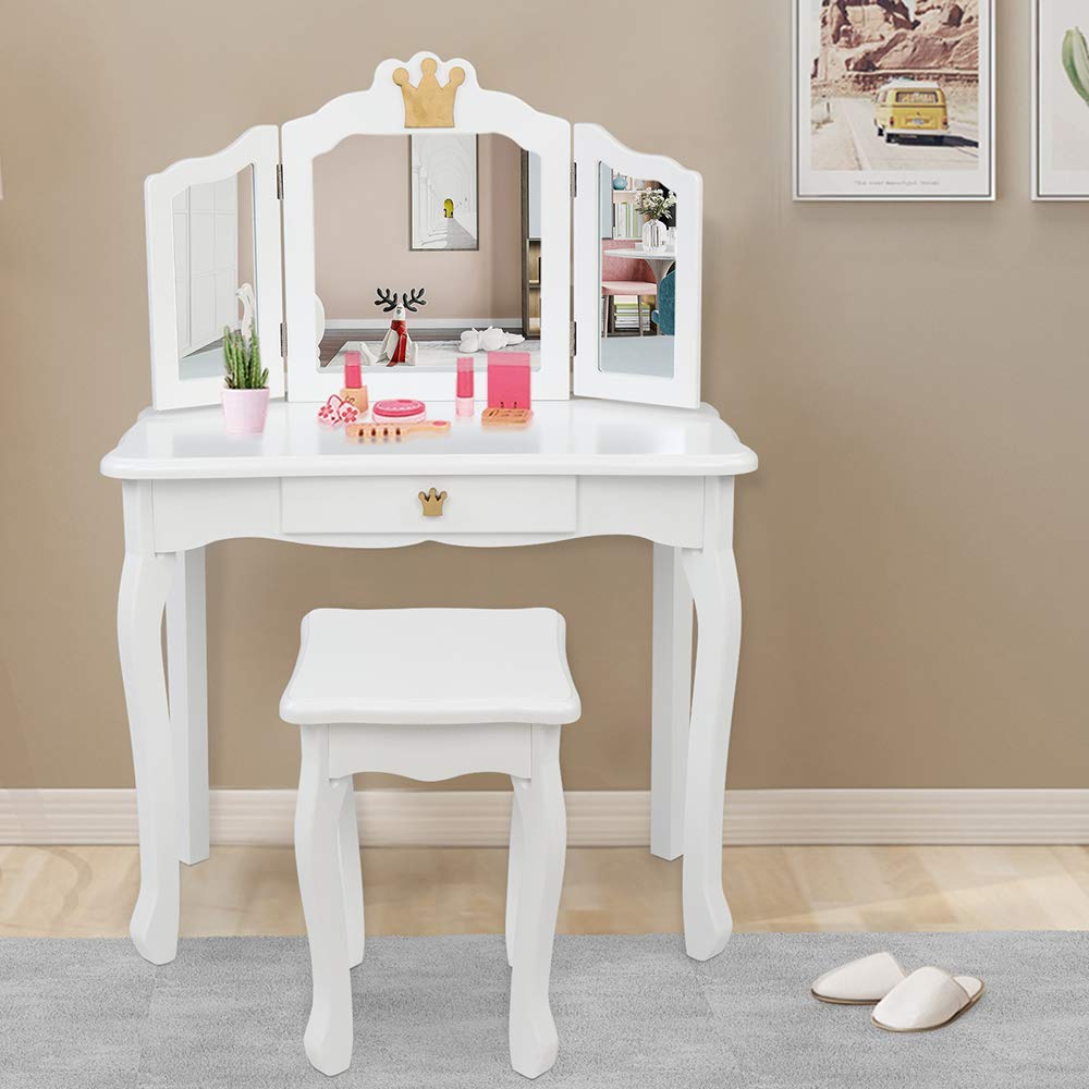 **Princess Vanity Table Set for Girls - Wooden Kids Makeup Dressing Table with Tri-Folding Mirror, Stool & Large Drawer - Solid Wood Legs, Pretend Play Beauty Set - Perfect Gift for Birthday & Playroom (White)**    *(Use for pretend play, birthday gifts, bedroom decor, and fostering creativity in young girls.)*