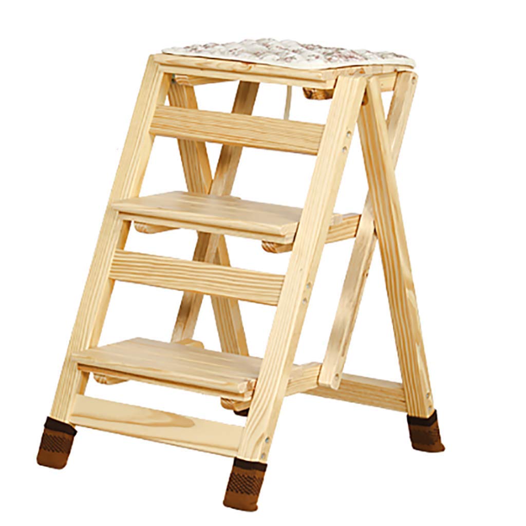 **MFLASMF 3-Step Wooden Folding Stool - Multi-Functional Kitchen Ladder Chair, Office Step Stool, Compact Storage Bench (41×57×65.5cm, Wood Color) - Perfect for Reaching High Shelves, Extra Seating & Small Spaces**
