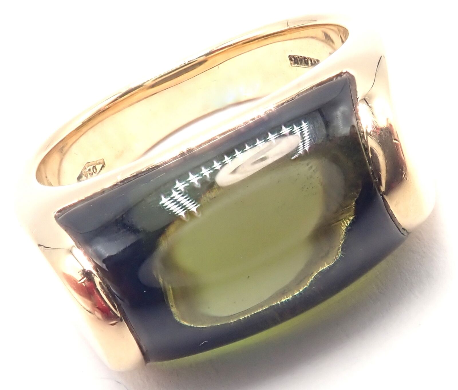 Authentic Bulgari Bvlgari Tronchetto 18k Yellow Gold Large Green Tourmaline Ring for Women - Luxury Jewelry Gift for Anniversary, Wedding & Special Occasions
