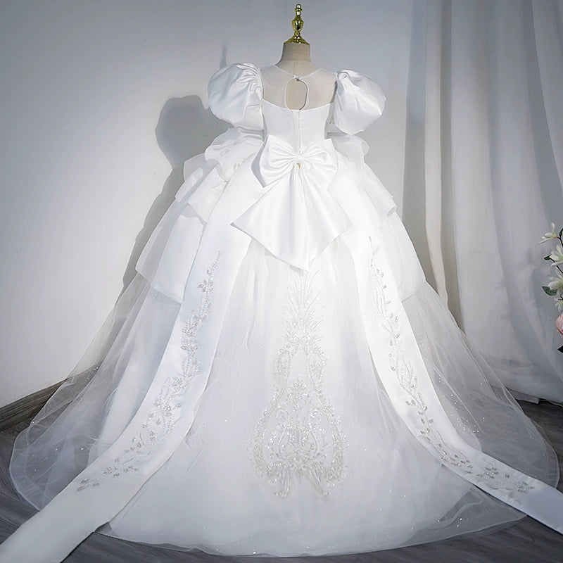 Elegant White Princess Round Floor Length Satin Flower Girl Dress for Weddings & Special Occasions