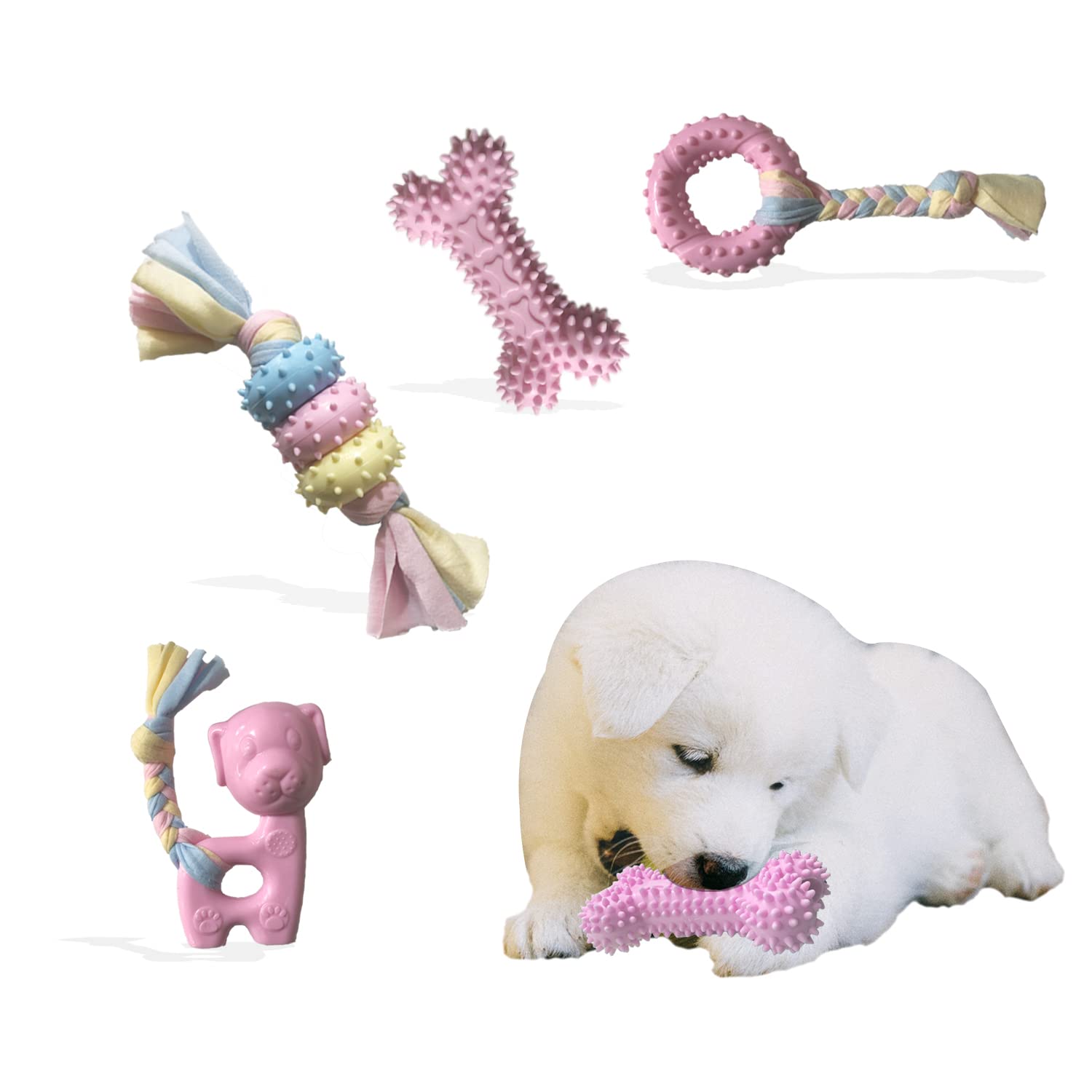 **Durable Puppy Teething Toys for Small & Medium Dogs – Natural Rubber & Cotton Chew Toys to Soothe Teething Pain & Reduce Anxiety – 4-Pack (Pink) – Perfect for Puppy Training, Playtime & Stress Relief**