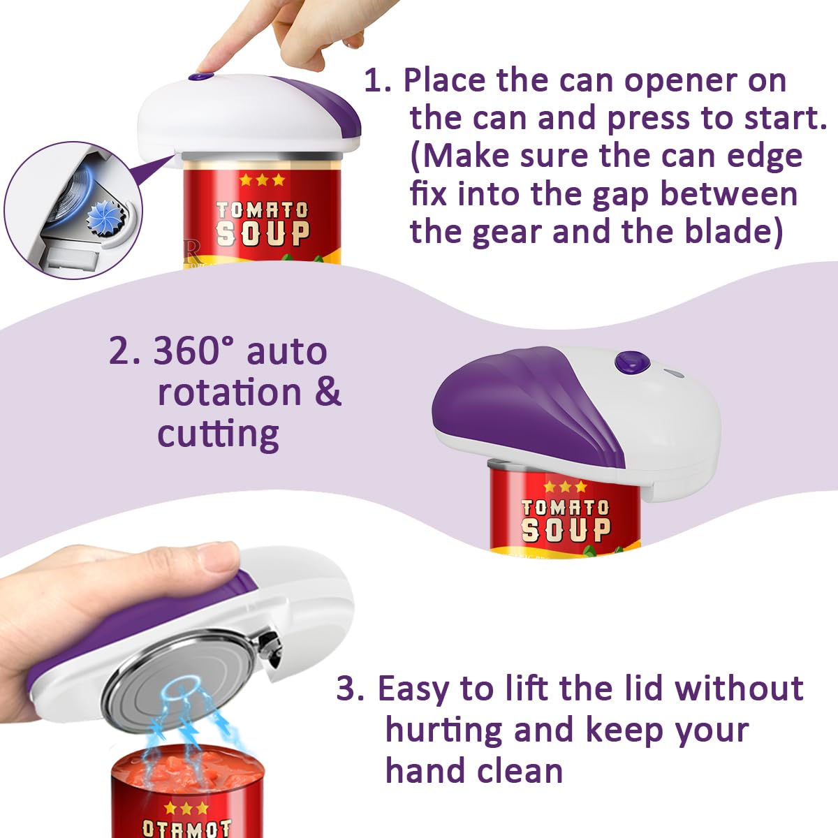 Electric Can Opener - Automatic Hands-Free Battery Operated Kitchen Tool with Smooth Edge - One-Touch Portable Opener for Seniors & Arthritis - Perfect for Camping, Picnics & Home Use (Purple)