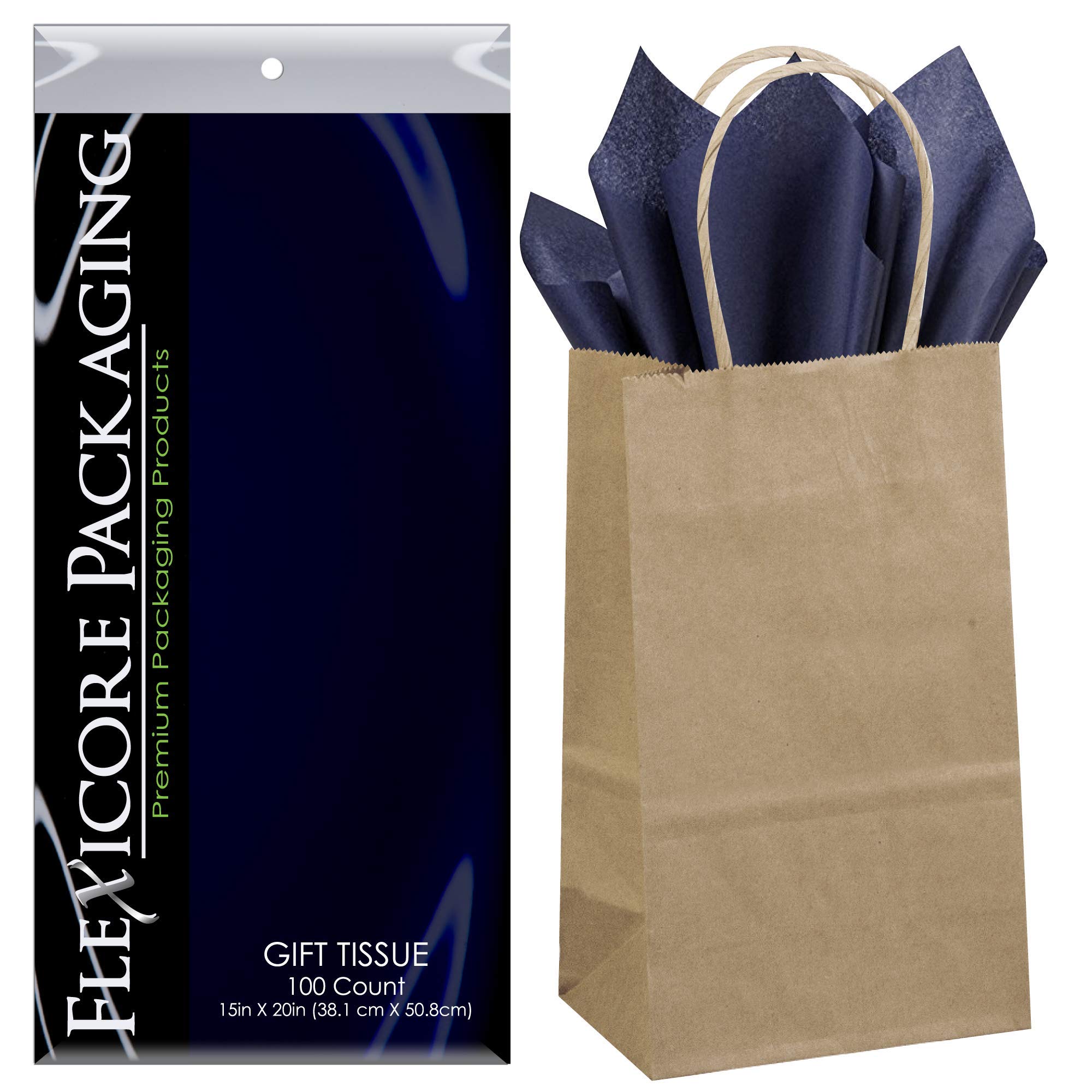 Flexicore Packaging® 50-Pack Natural Brown Kraft Paper Gift Bags with 100 Sheets Navy Blue Tissue Paper - Eco-Friendly Wedding, Birthday & Party Favor Packaging Supplies for Gifts, Favors & Retail Displays