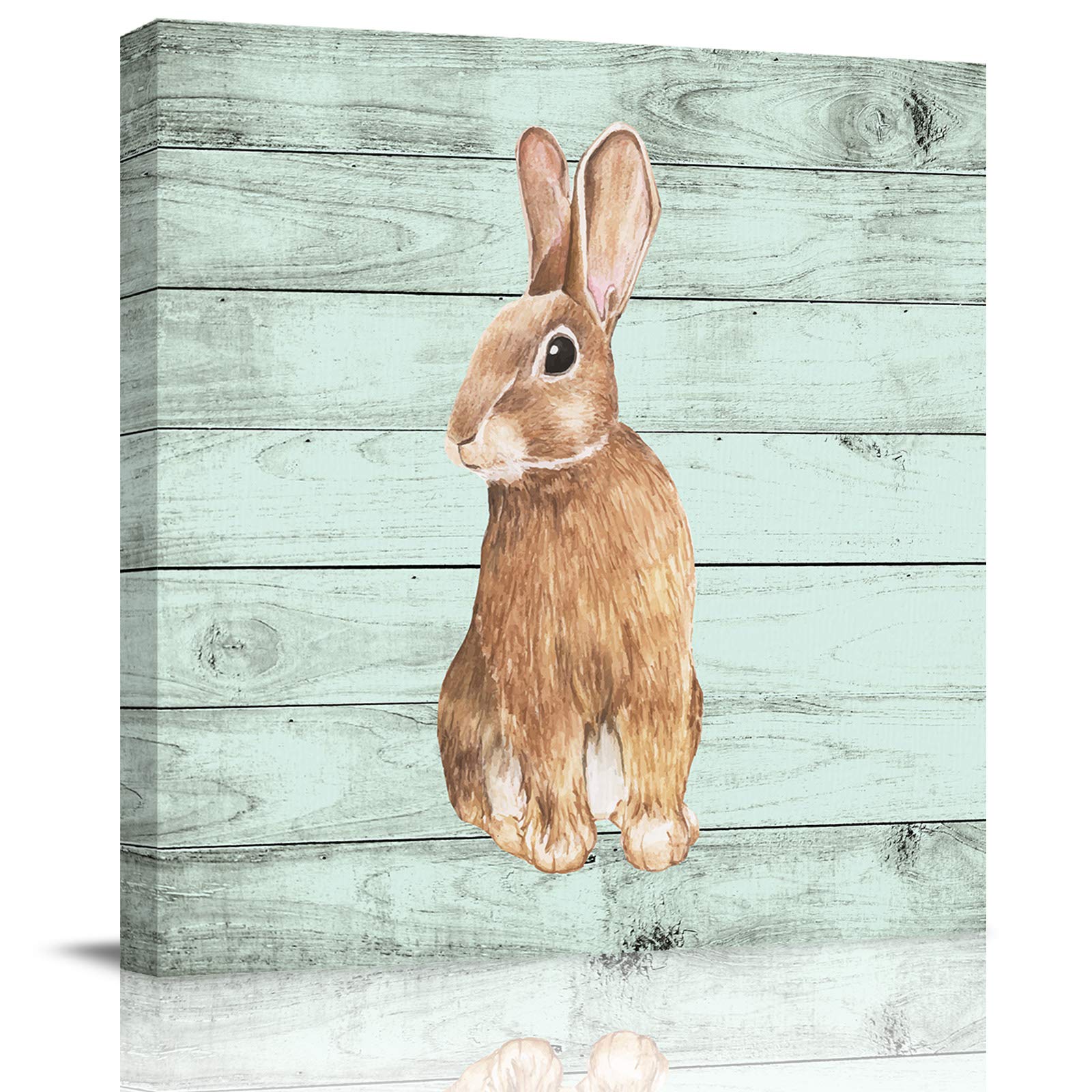 Happy Easter Spring Watercolor Rabbit Bunny Vintage Wooden Plank Square HD Print Oil Painting on Canvas Framed Wall Art - 24