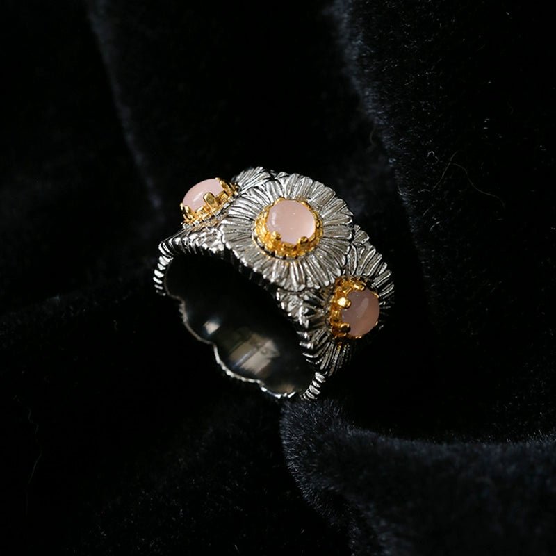 Buccellati Inspired Daisy Ring - 925 Sterling Silver Wide Band with Natural Gemstone for Women | Elegant Floral Jewelry for Weddings, Parties & Everyday Wear