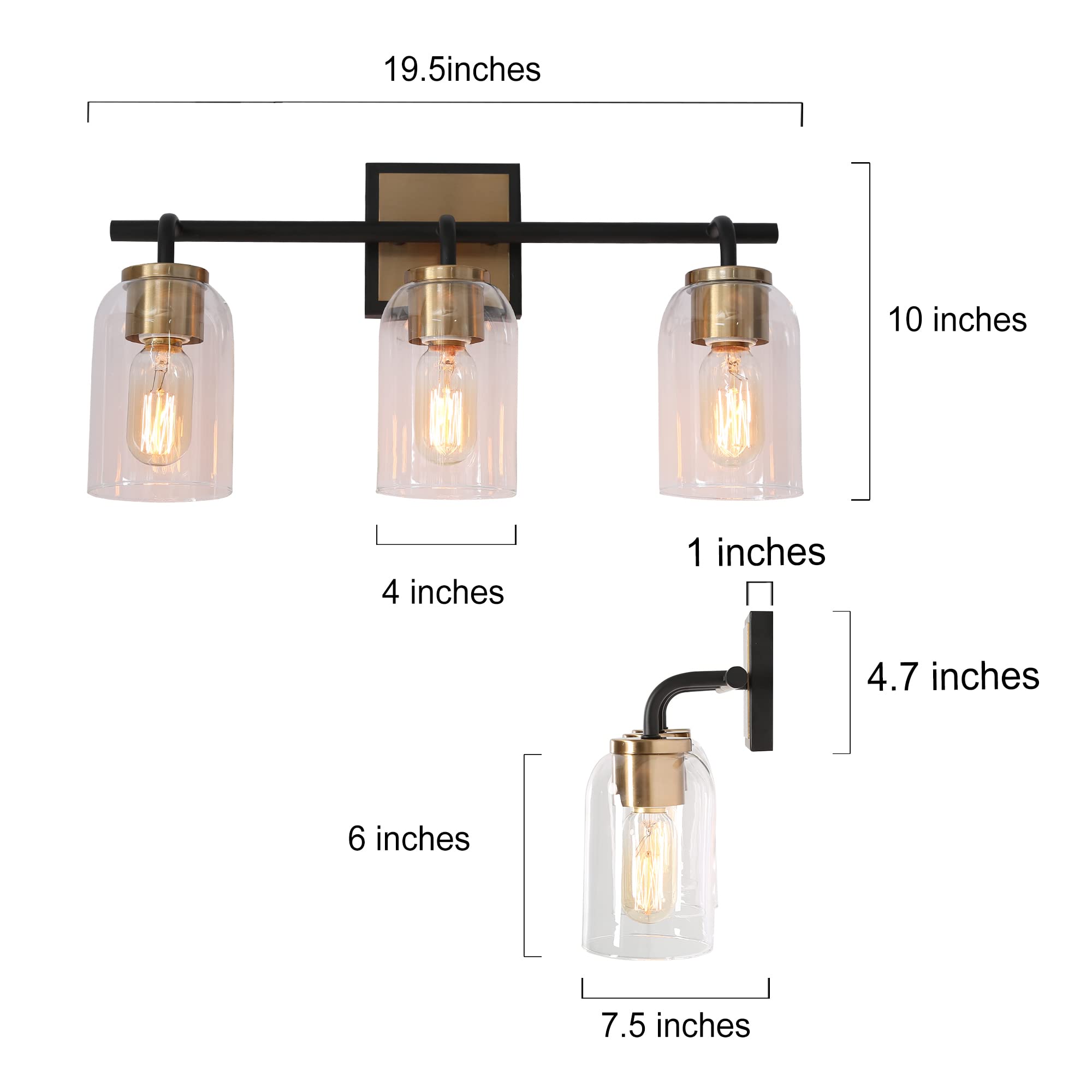 ZEVNI 3-Light Bathroom Vanity Light Fixture - Black & Gold Modern Sconce with Clear Cylinder Glass Shades, 19.5
