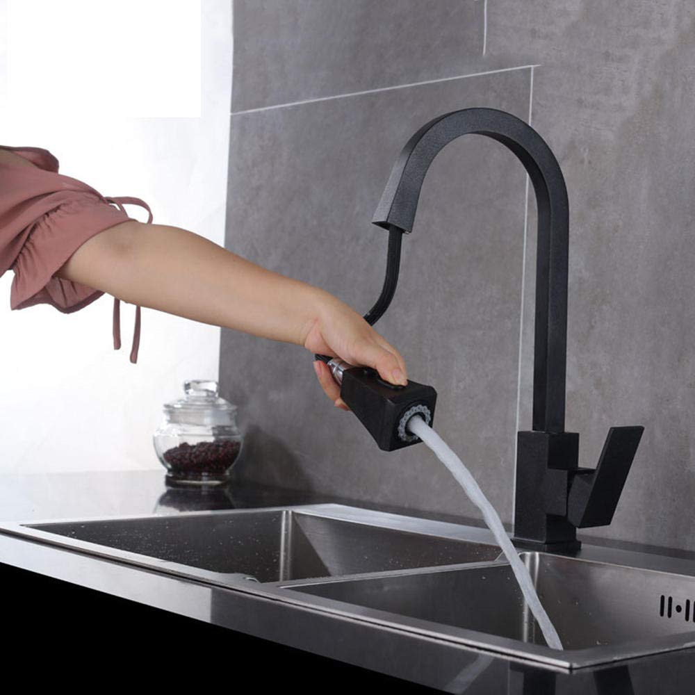 Black Pull Down Sprayer Kitchen Faucet with Copper Sink - Hot & Cold Water Telescopic Faucet for Modern Kitchens | Perfect for Washing Dishes, Filling Pots & Cleaning Sinks