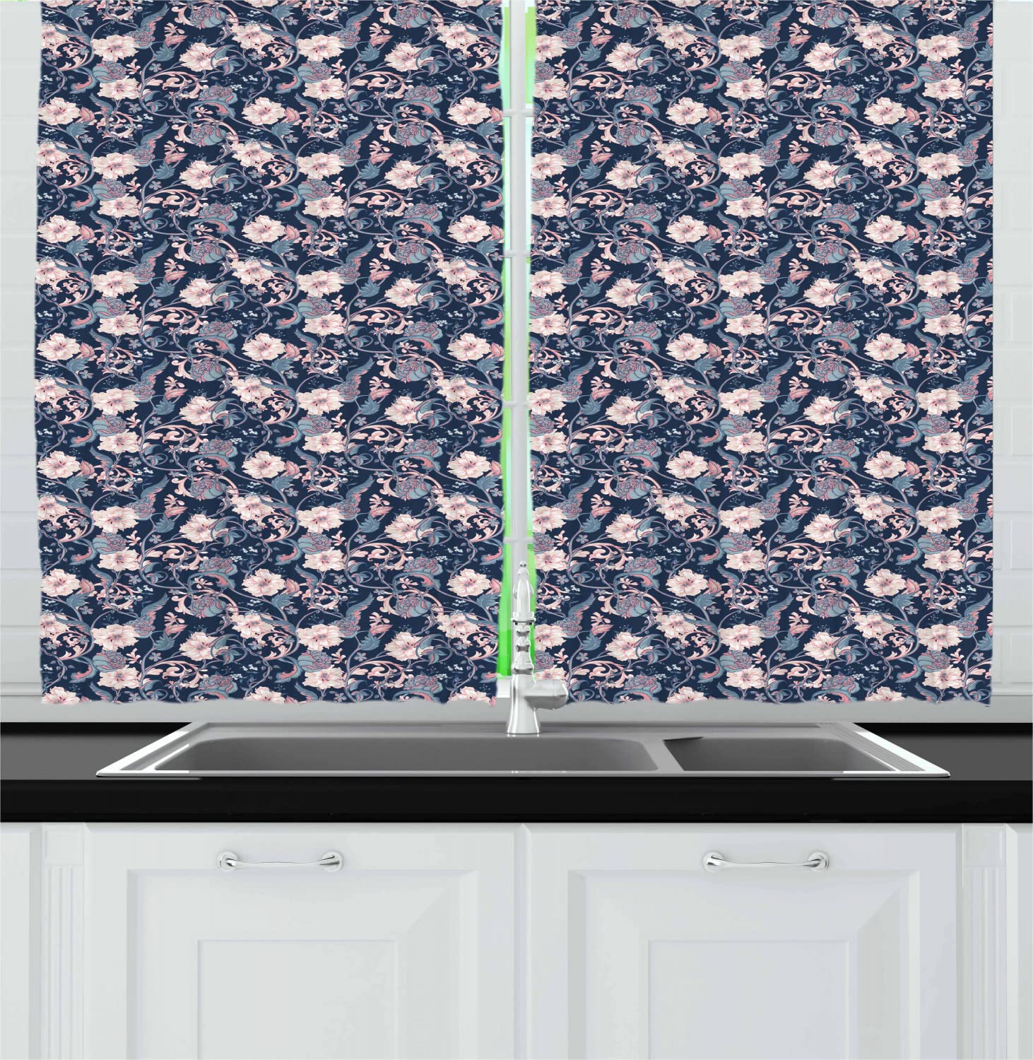 Ambesonne Victorian Long Kitchen Curtains - Vintage Romantic Rose & Magnolia Bouquet Floral Drapes with Twigs on Dark Backdrop, 2 Panel Rod Pocket Window Treatment, 55