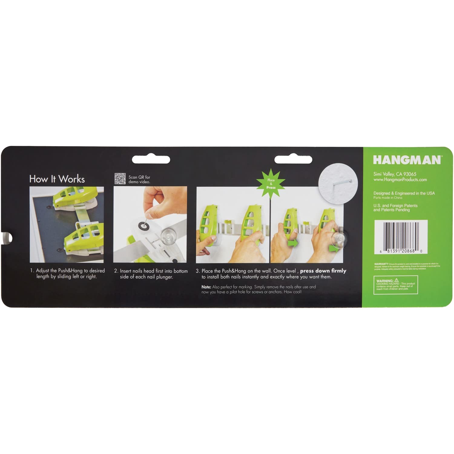 HANGMAN Push Picture Hanging Tool - No Nails, No Damage Wall Hooks for Frames, Paintings & Photos (Green) - Perfect for Home, Office & Gallery Decor