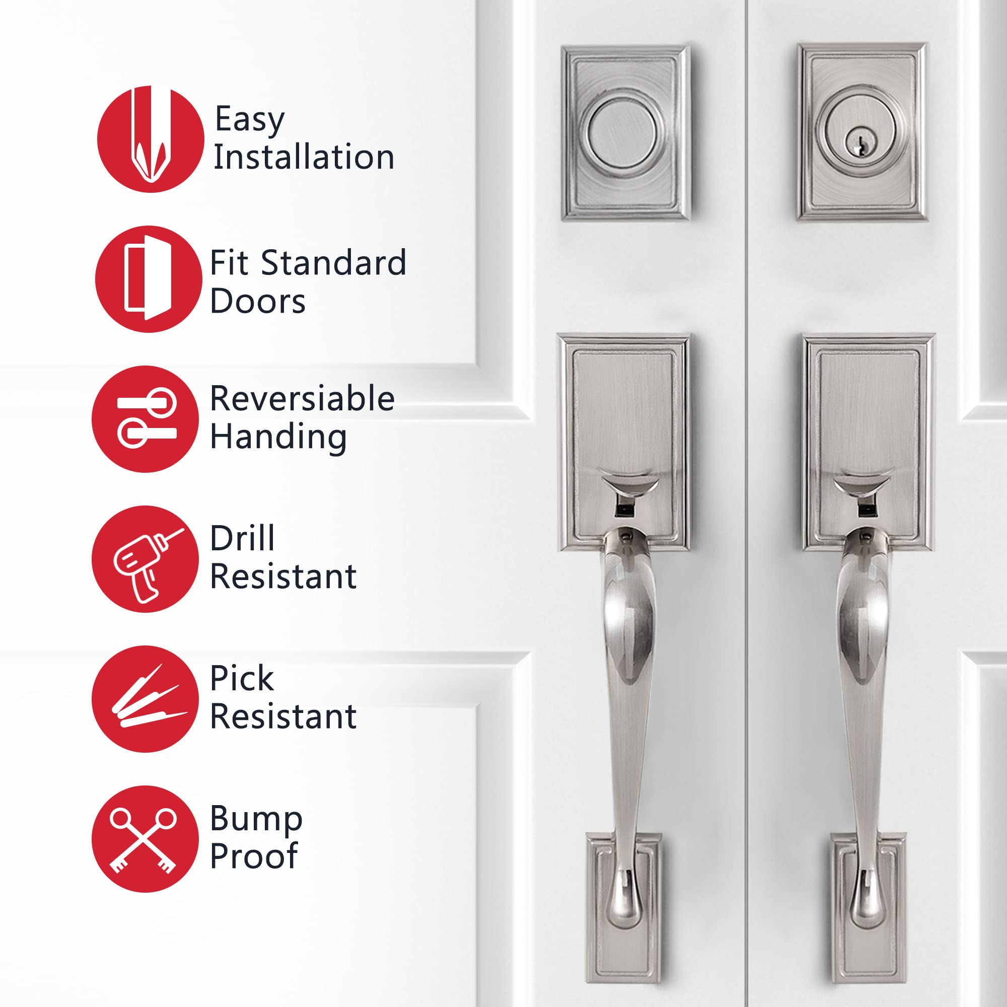 Premium MIRUO Front Door Handle Set for Double Doors - Heavy Duty Dummy Lock Set, Left & Right Handed Compatible in Satin Nickel Finish (KeyedDummyS117_USAM002) - Ideal for Home Entry Doors, Office Buildings & Commercial Properties