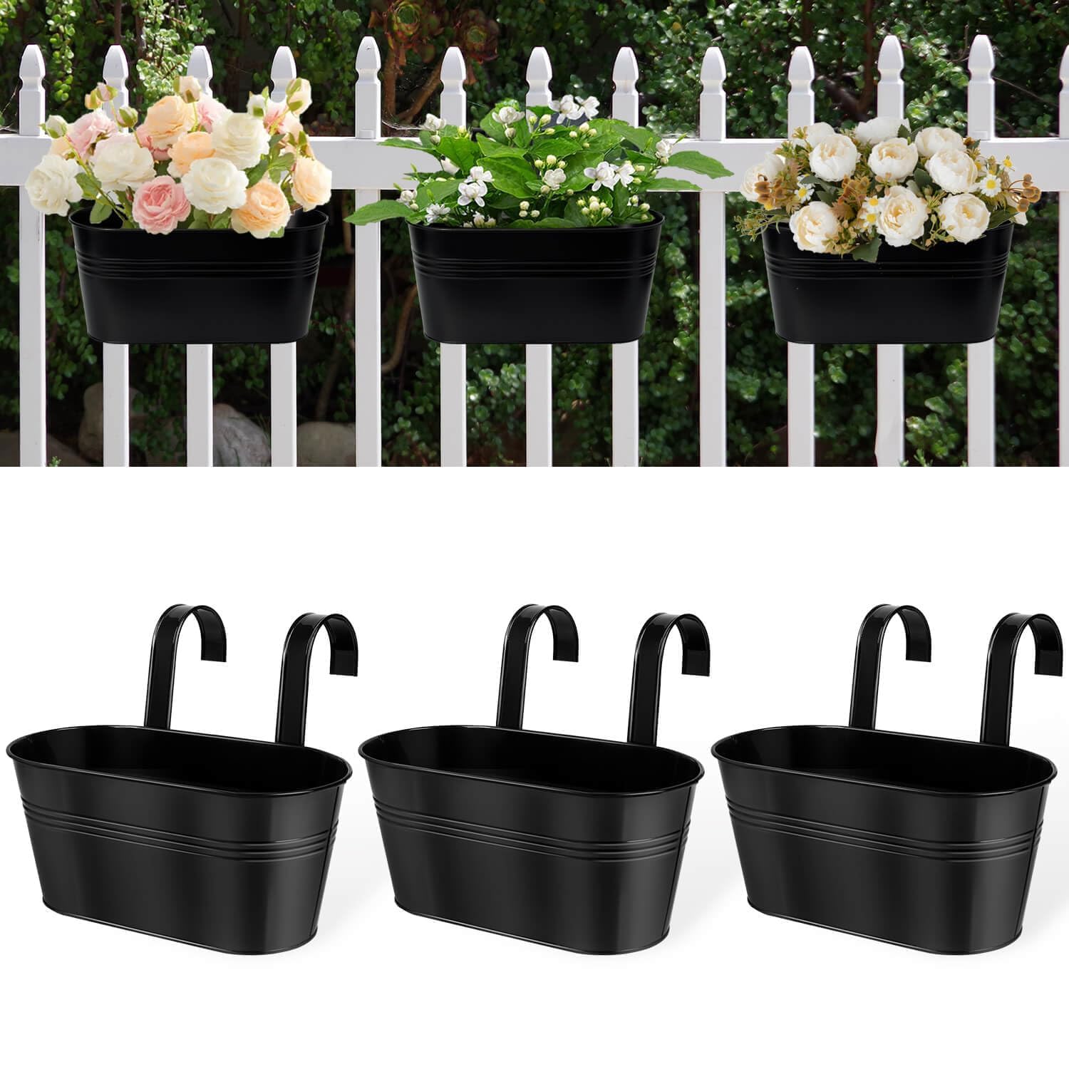 Vensovo 3-Pack Black Metal Railing Planters for Outdoor - Oval Hanging Planter Box with Detachable Hooks & Drain Holes - Perfect for Balcony, Garden Fence, Deck & Patio Decor