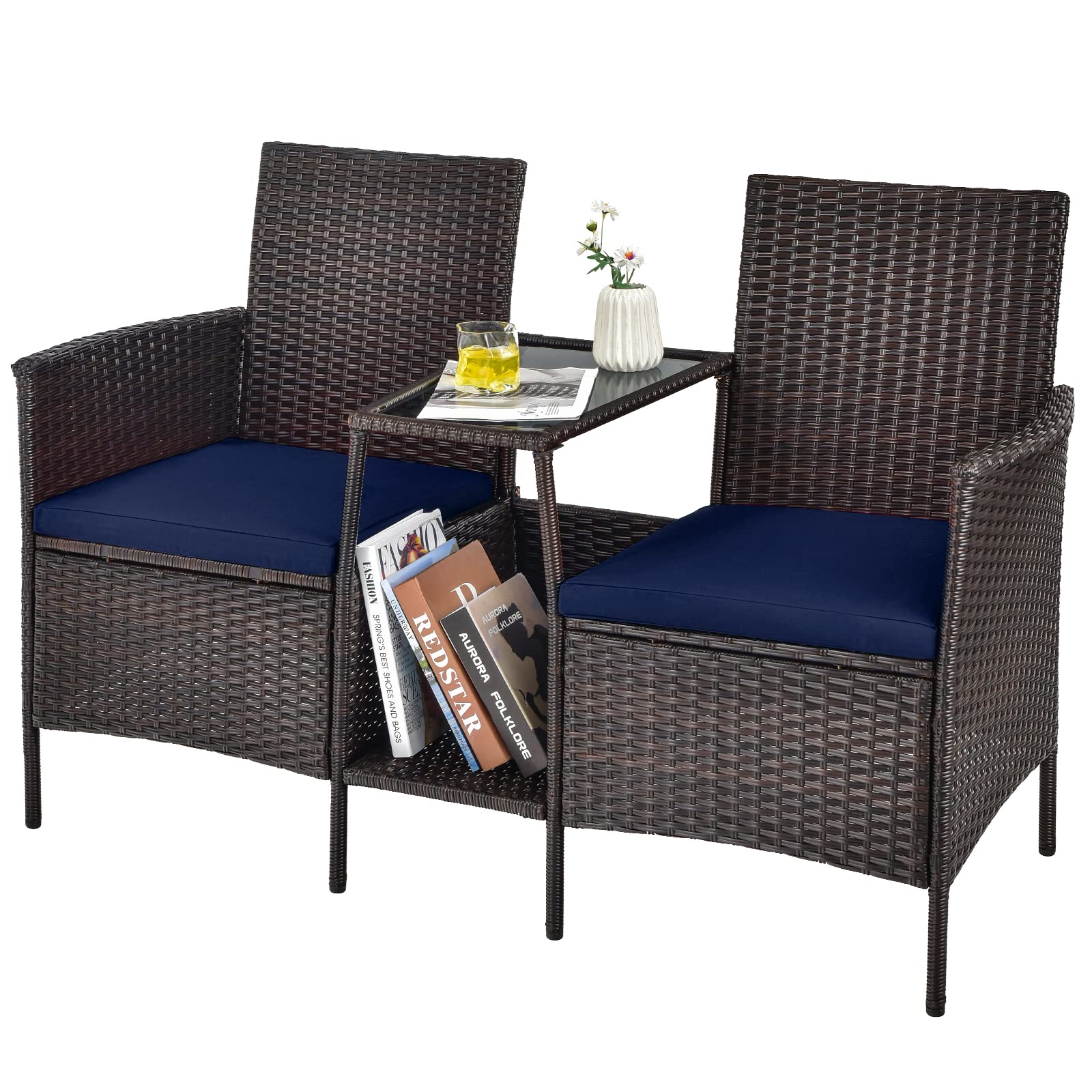 **Tangkula PE Wicker Outdoor Furniture Set - Navy Blue Rattan Loveseat with 2 Cushioned Seats & Tempered Glass Table - Patio Conversation Set for Garden, Backyard, Poolside & Balcony**