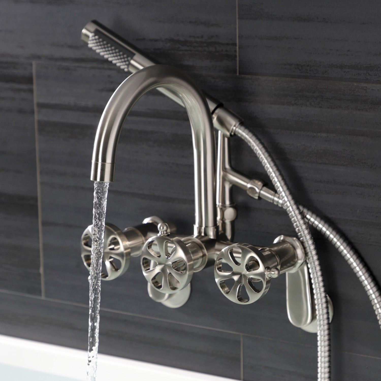 Belknap AE8158RX 3-Handle 2-Hole Wall Mount Clawfoot Tub Faucet with Hand Shower in Brushed Nickel - Vintage Bathroom Fixture for Classic & Modern Bathrooms