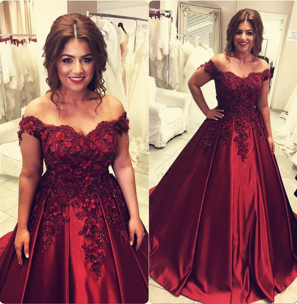 Elegant Burgundy Satin Ball Gown Wedding Dress - Off-the-Shoulder Bridal Gown for Prom, Evening Gala & Formal Events