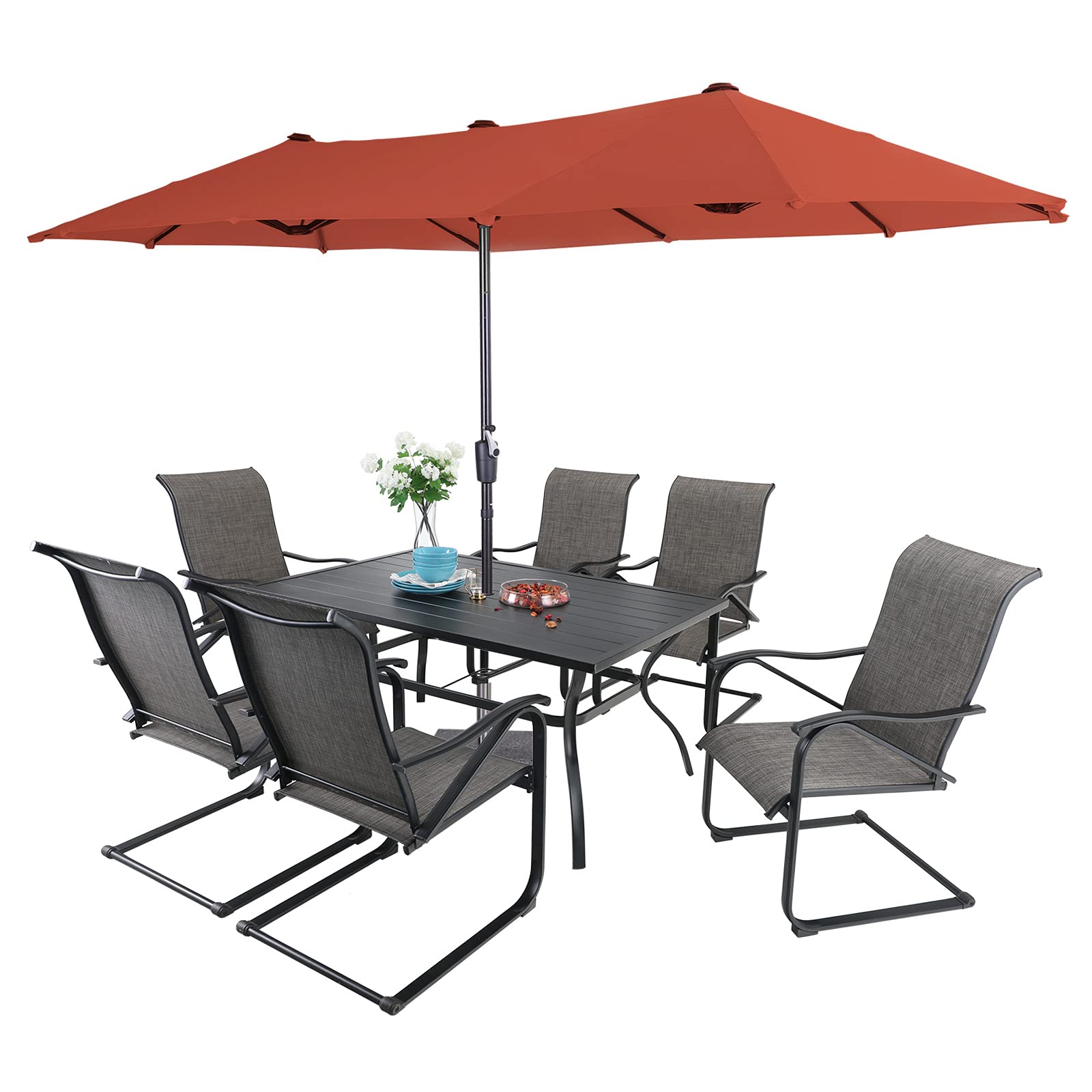 Sophia & William 8-Piece Outdoor Patio Dining Set with 6 Spring Motion Chairs & 1 Metal Table - Includes 13ft Double-Sided Orange Red Umbrella - Durable Metal Furniture for Garden, Lawn, Backyard - Perfect for Outdoor Entertaining, BBQs, and Relaxing in Your Yard