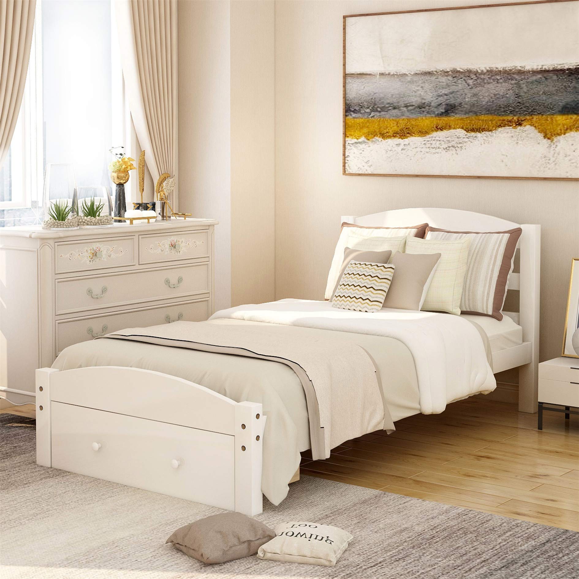 MERITLINE Twin Bed Frame with Storage Drawers - Wooden Platform Bed with Headboard & Slat Support - No Box Spring Required - White - Perfect for Small Spaces, Guest Rooms & Dormitories