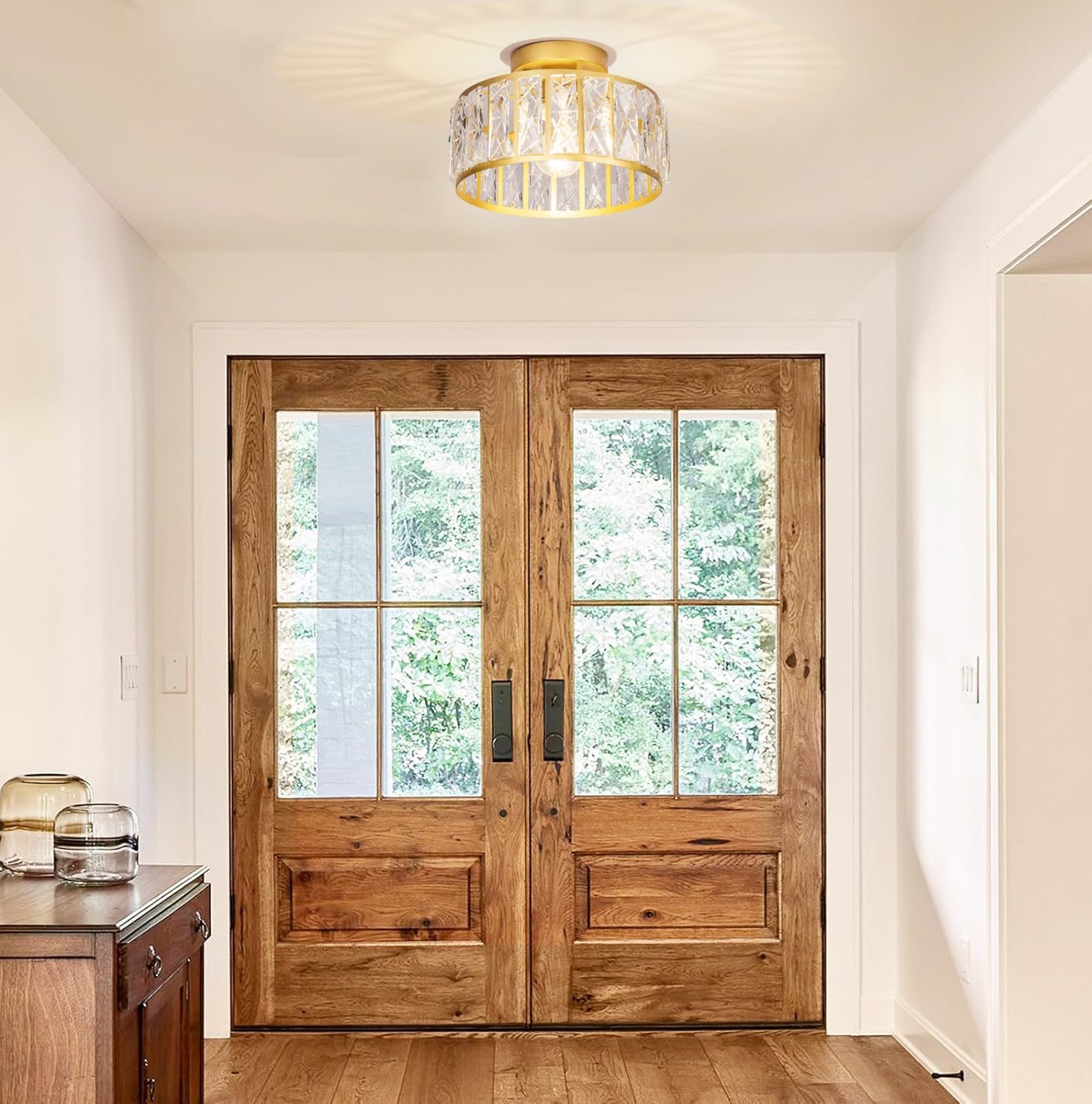 Modern Gold Semi Flush Mount Ceiling Light - Crystal Chandelier Lighting Fixture for Hallway, Kitchen, Entryway, Bedroom & Laundry | Elegant Home Decor & Ambient Lighting Solution