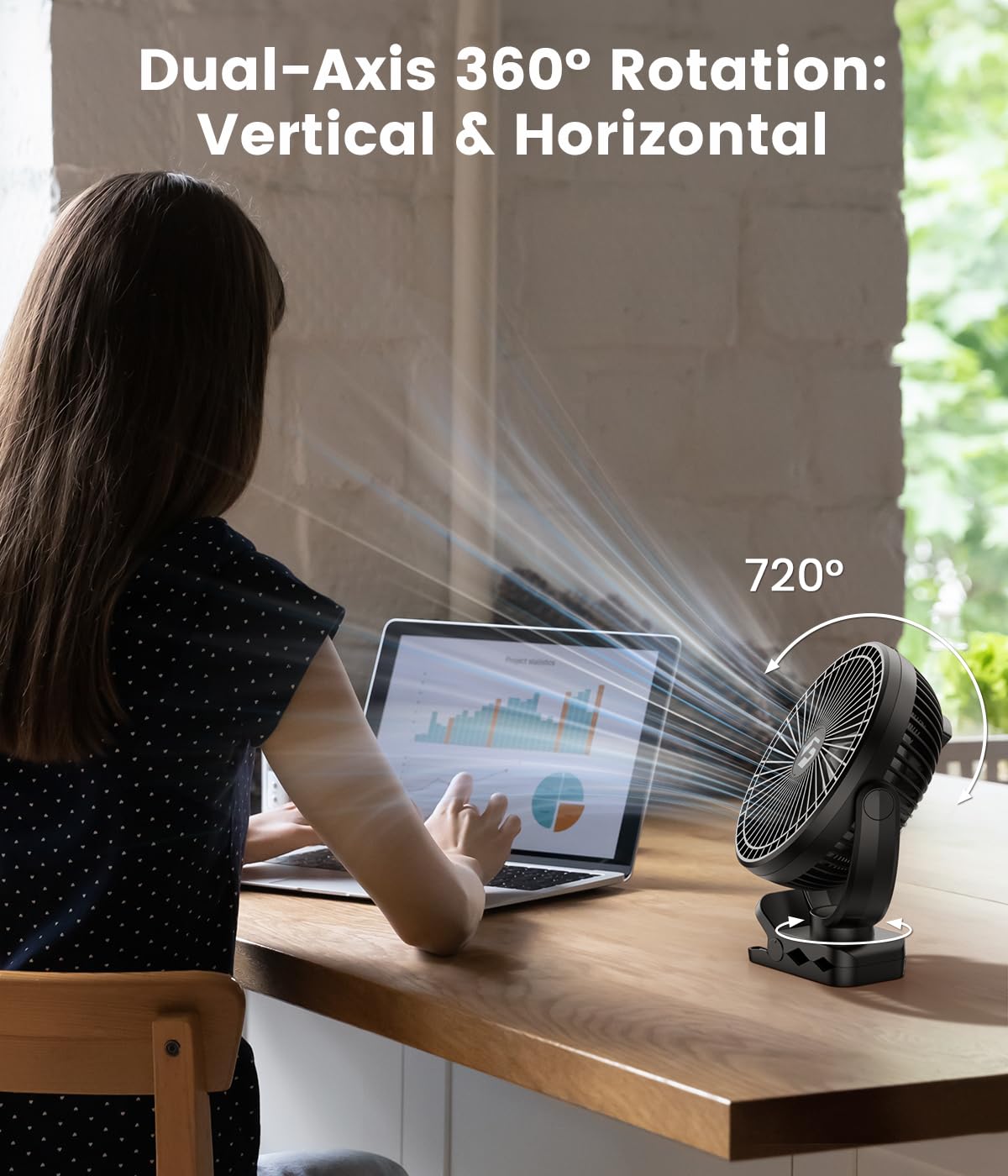 8-inch Clip on Fan - 12000mAh Rechargeable Battery, 3 Speed Adjustable Portable Fan with Strong Airflow, USB Powered Quiet Personal Desk Fan for Office, Stroller, Bedroom, Camping & Outdoor Activities