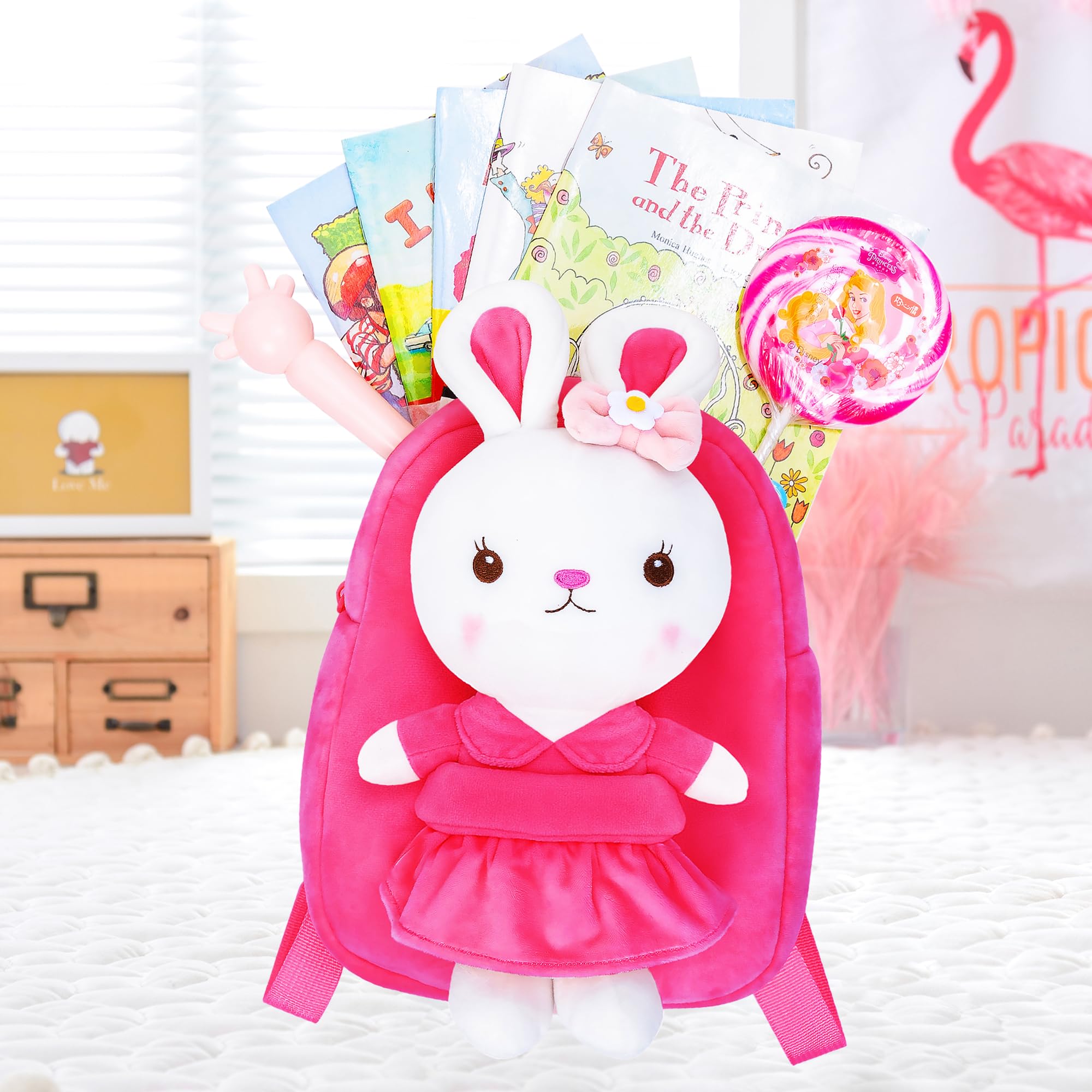 Cute Bunny Plush Toy Toddler Backpack for Girls - Rose Red 9 Inch Kids School Bag with Stuffed Animal, Perfect for Preschool, Daycare & Travel Accessories