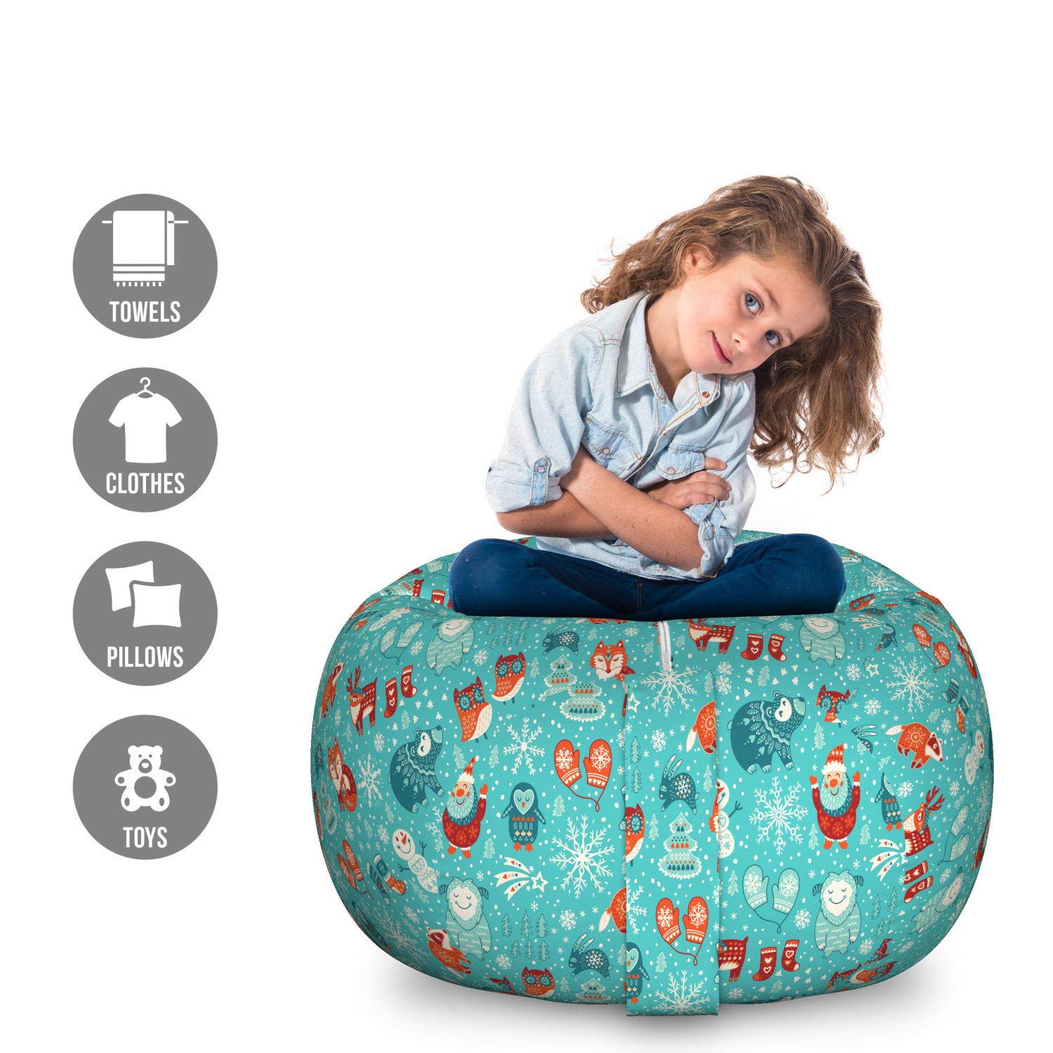 Ambesonne Large Washable Winter Toy Storage Bag Chair - Santa Fox Deer Yeti Owl Cartoon Design, Stuffed Animal Organizer for Kids Room (Aqua Vermillion) | Perfect for Holiday Decor & Playroom Organization