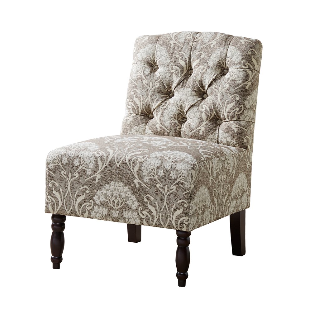 Madison Park Lola Accent Chair - Solid Birch Wood Frame with Tufted Fabric Upholstery in Taupe, Ivory & Damask Pattern - Elegant Armless Living Room & Bedroom Seating for Home Décor - Classic Button-Tufted Design for Sofa Companion or Reading Nook