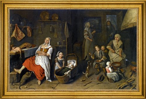 Pieter Gerritsz Van Roestraeten Kitchen Interior Painting - 16x24 Inch Premium Canvas Print with Gold Frame - Dutch Golden Age Artwork for Home & Office Decor - Perfect for Dining Room, Living Room or Kitchen Wall Art