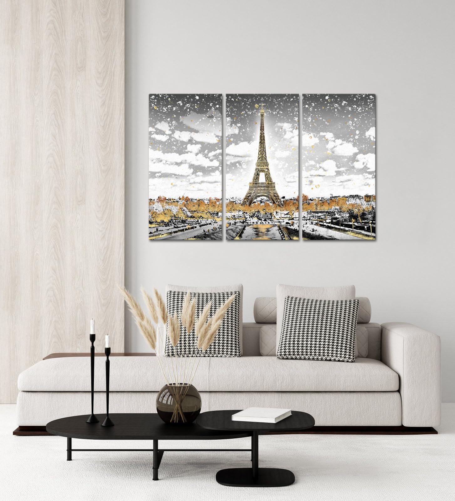 RnnJoile Paris Canvas Art - Gold Eiffel Tower Landscape Painting, France Wall Decor for Bedroom, Framed Artwork - Perfect for Home Decor, Living Room & Office Wall Art