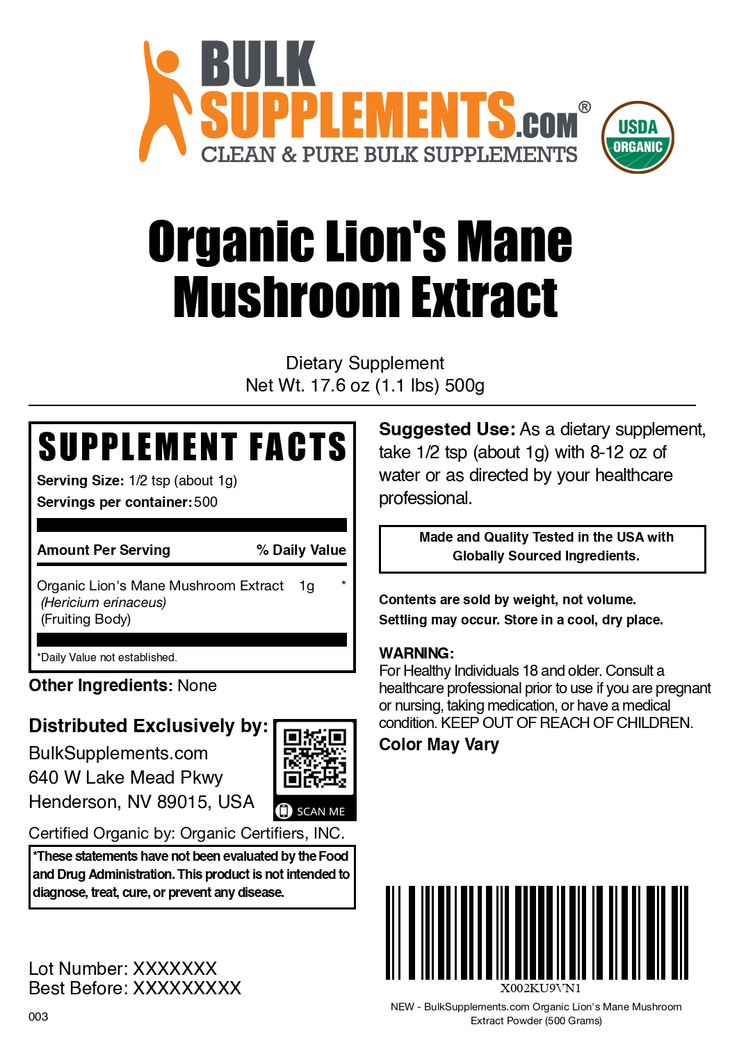 Organic Lion's Mane Mushroom Extract Powder - Premium Brain & Memory Support Supplement - Vegan, Non-GMO, Gluten-Free - Perfect for Coffee, Tea & Smoothies