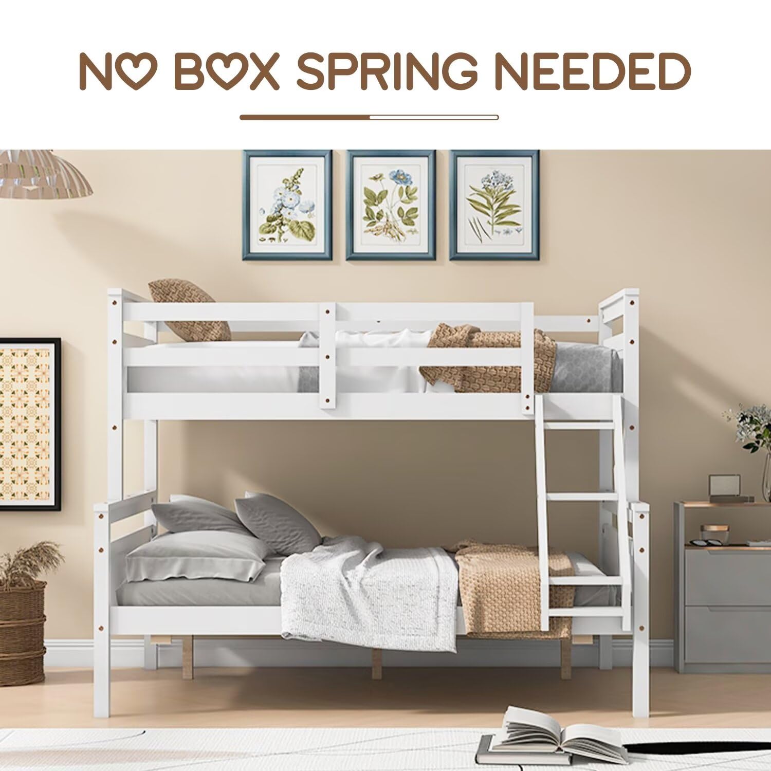 Solid Wood Twin Over Full Bunk Bed Frame with Ladder & Guardrail - Convertible to Separate Twin/Full Size Beds - No Box Spring Needed - Perfect for Kids Rooms, Guest Rooms & Space-Saving Bedroom Solutions (White)