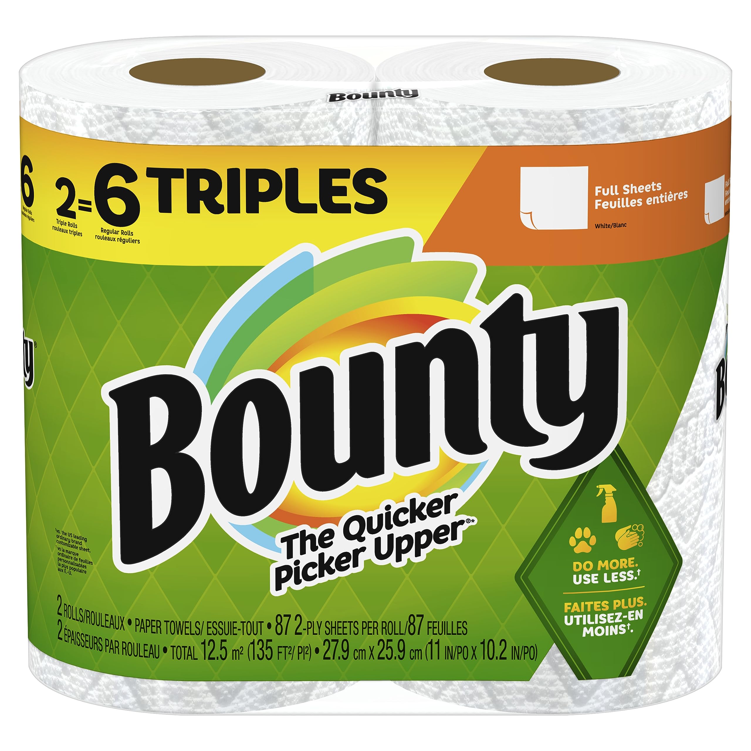 Bounty Full Sheet White Paper Towels, 2 Triple Rolls (Equals 6 Regular Rolls) - Super Absorbent & Strong for Kitchen, Cleaning & Household Use