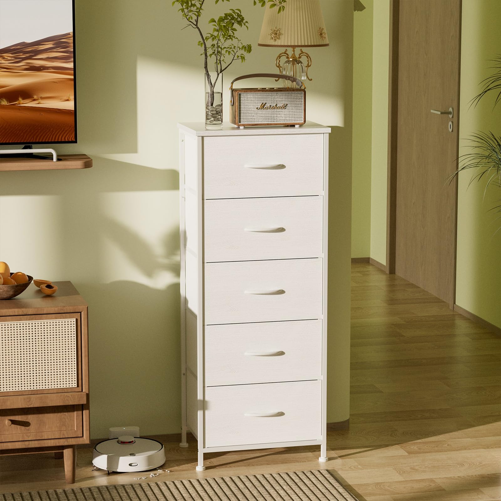 5-Drawer Tall Dresser Organizer with Fabric Bins - White Wood Texture & Leather Finish - Bedroom Storage Tower for Closet, Dorm, Apartment - Perfect for Clothes, Toys, and Home Organization