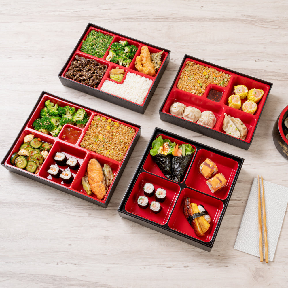 Premium Japanese Style Bento Box - 4 Compartment Square Lunch Box (10x10x2.25 Inches) - Black & Red Color - Perfect for Office, School & Picnic Meals
